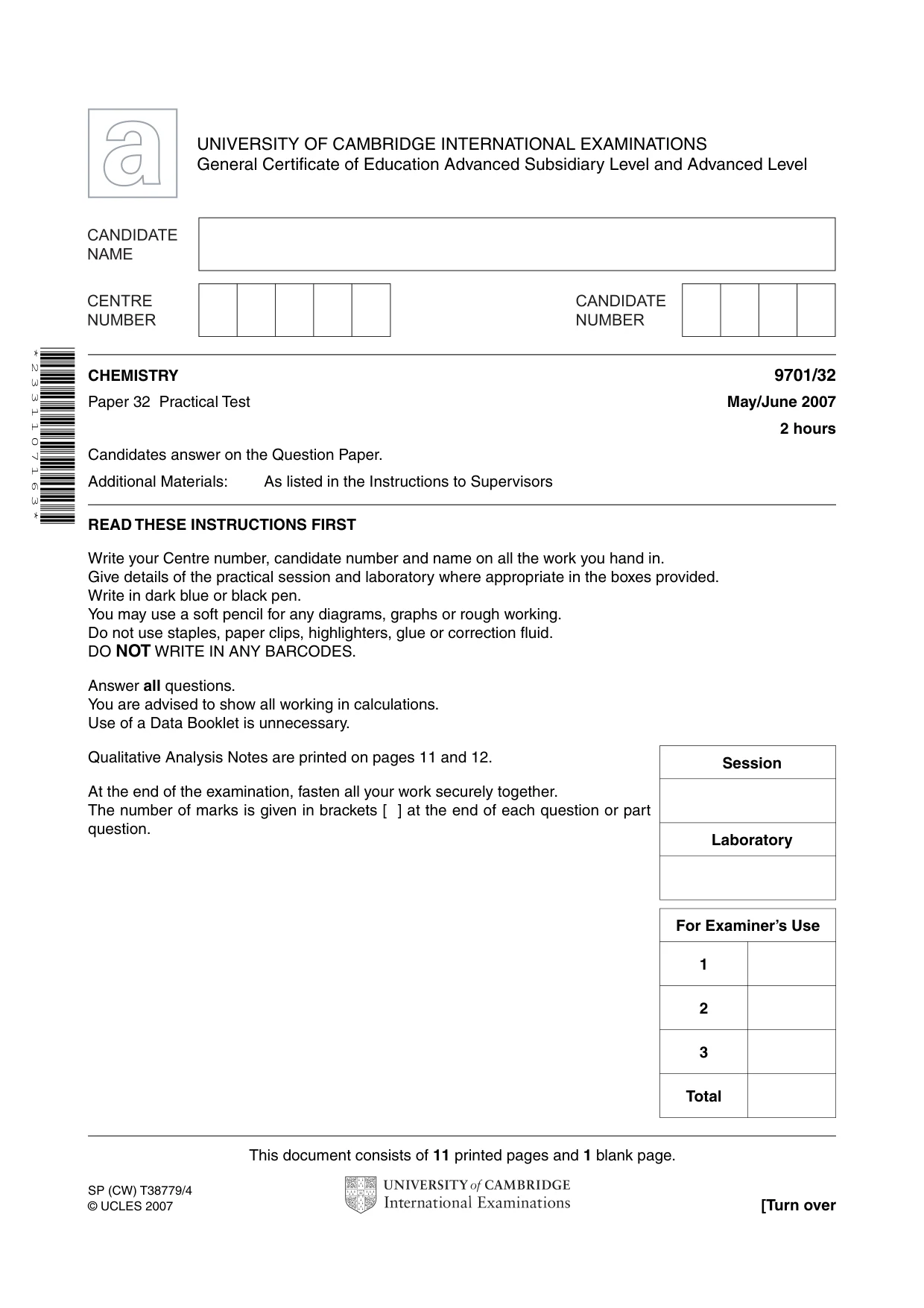 Cambridge A Level Chemistry 9701 2007 May/June Paper 3 · Variant 2 question paper, page 1 of 12