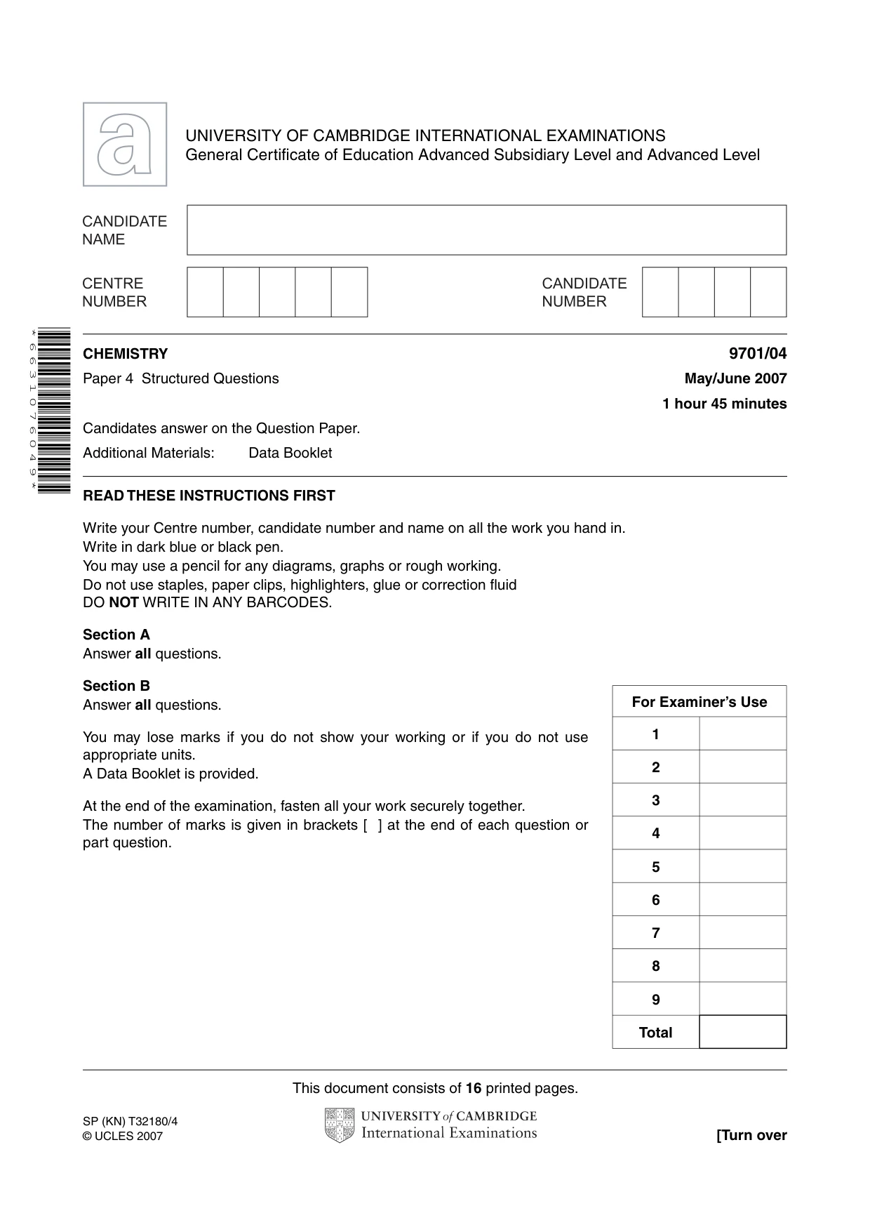 Cambridge A Level Chemistry 9701 2007 May/June Paper 4 · Variant 1 question paper, page 1 of 16