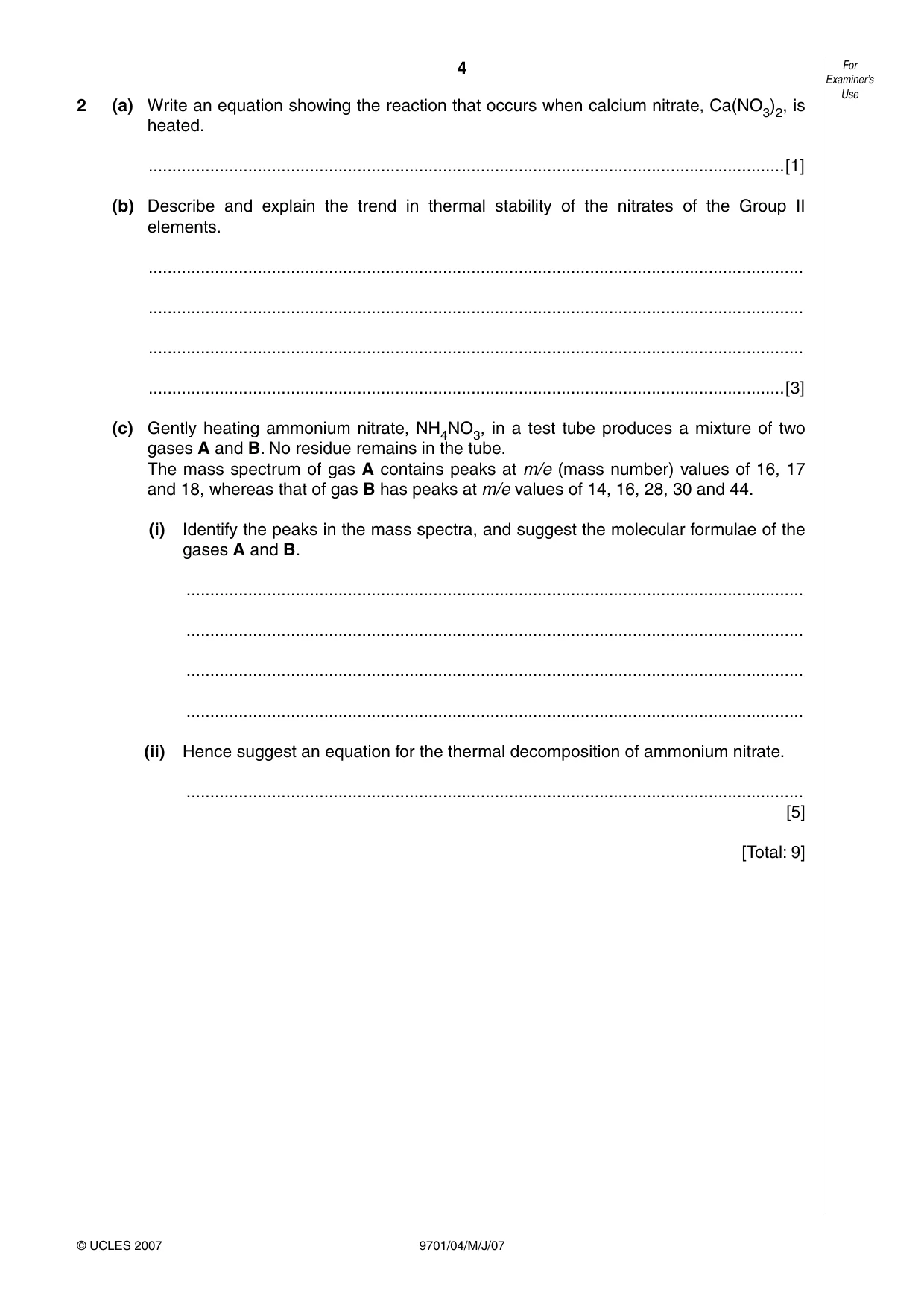 Cambridge A Level Chemistry 9701 2007 May/June Paper 4 · Variant 1 question paper, page 4 of 16