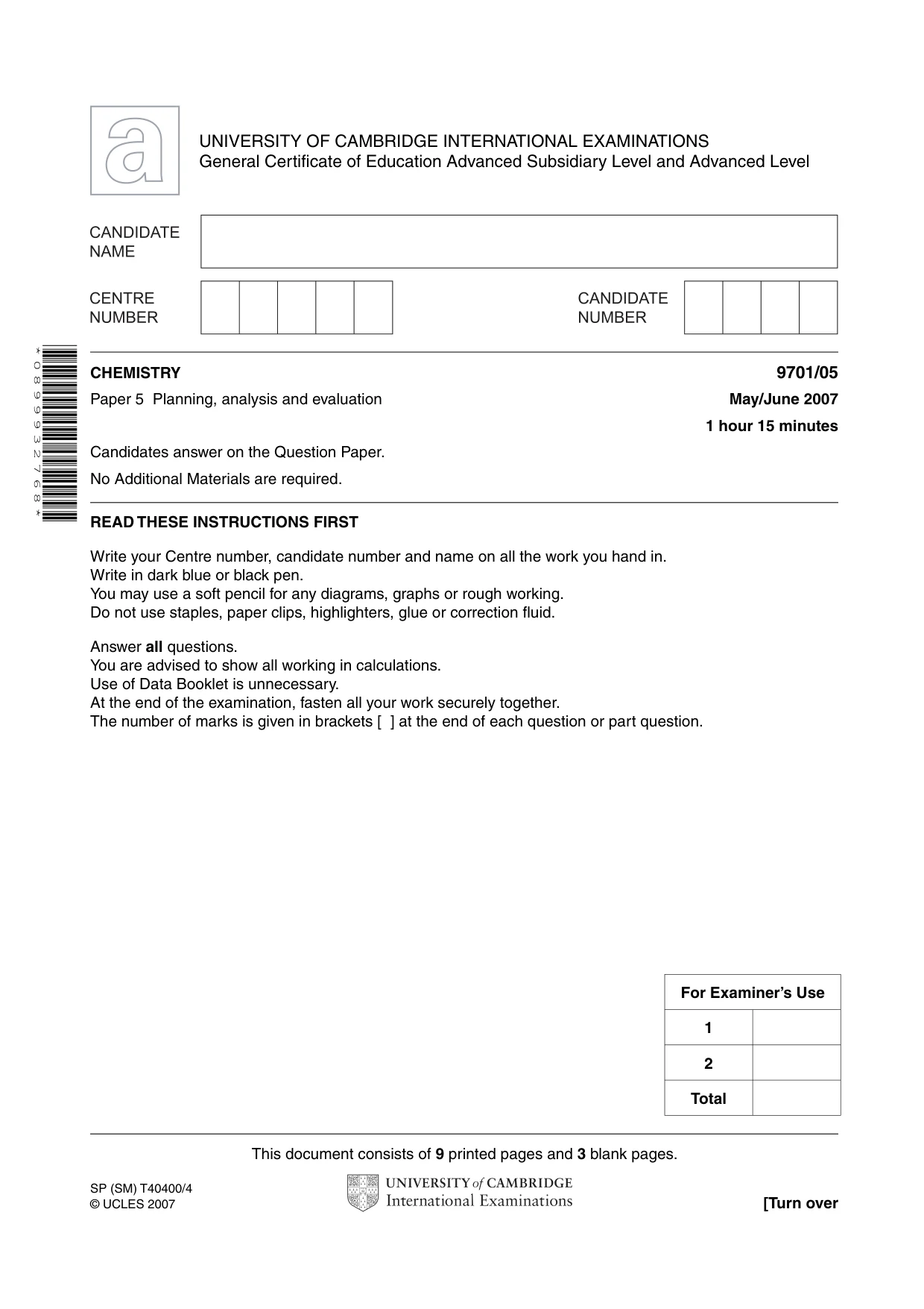 Cambridge A Level Chemistry 9701 2007 May/June Paper 5 · Variant 1 question paper, page 1 of 12