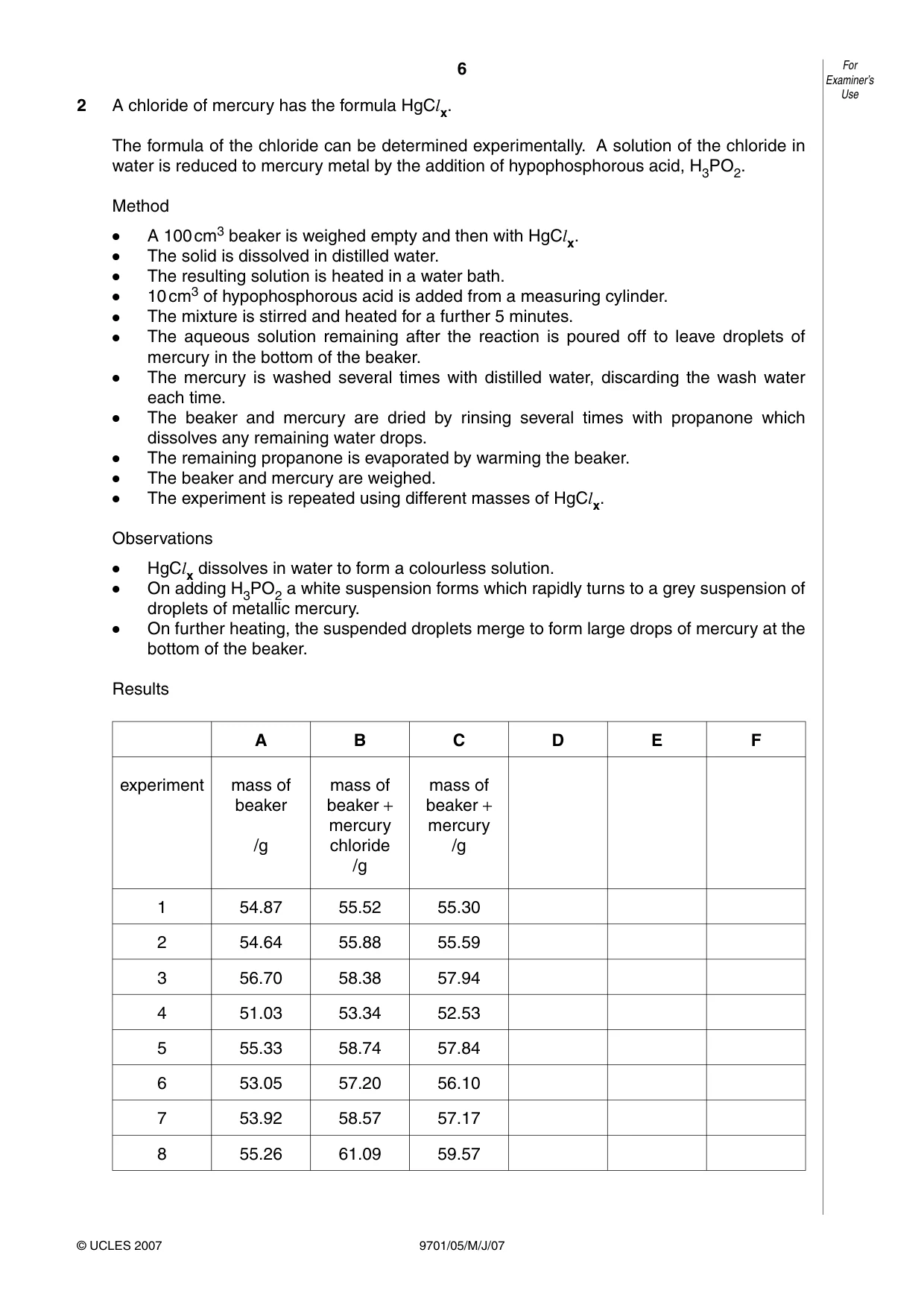 Cambridge A Level Chemistry 9701 2007 May/June Paper 5 · Variant 1 question paper, page 6 of 12