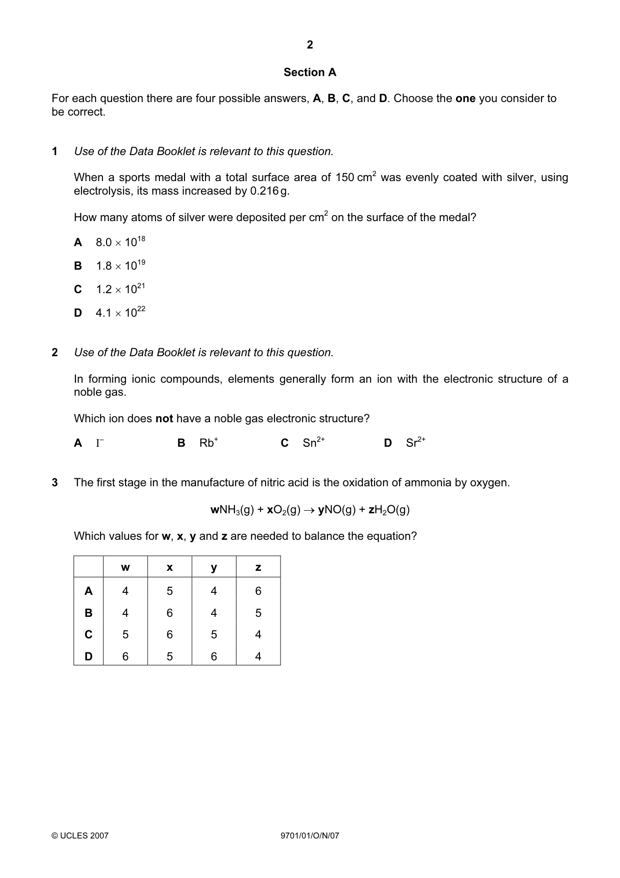 Cambridge A Level Chemistry 9701 2007 Oct/Nov Paper 1 · Variant 1 question paper, page 2 of 16