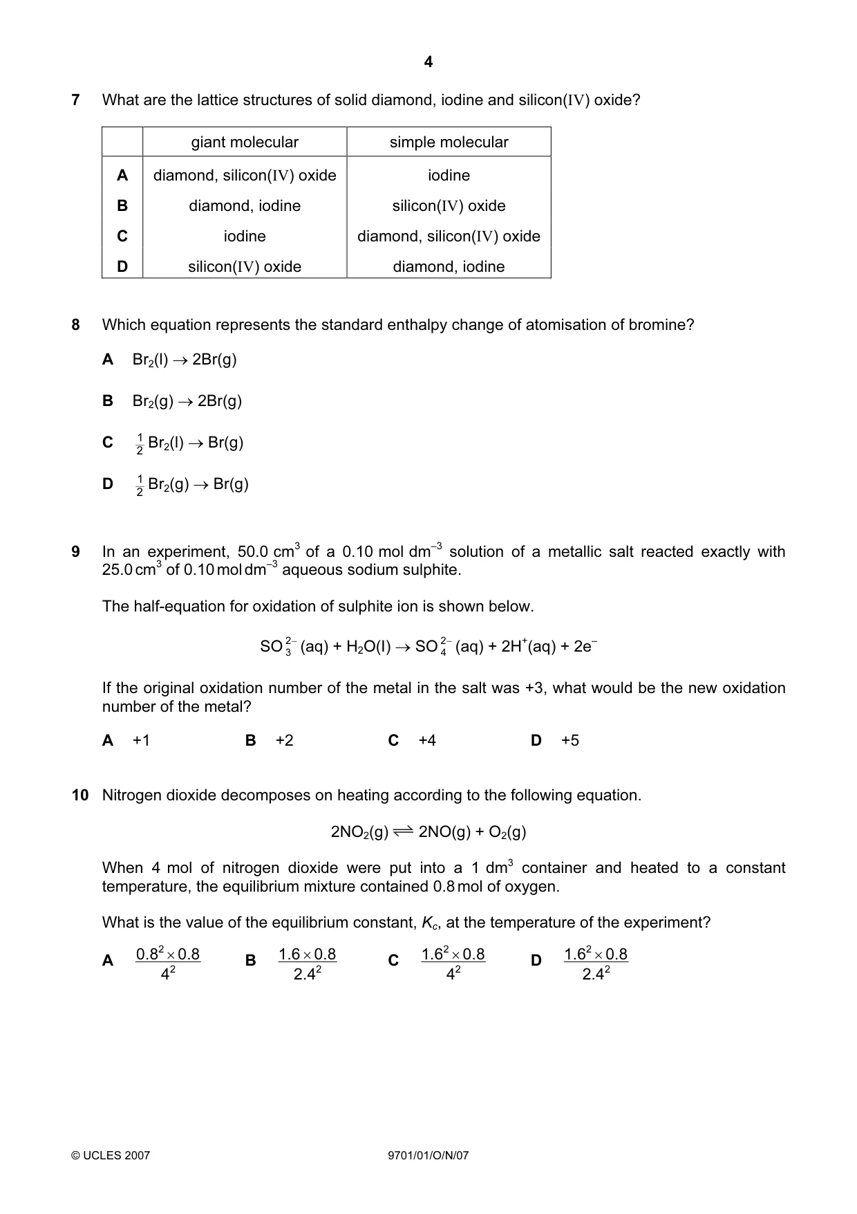 Cambridge A Level Chemistry 9701 2007 Oct/Nov Paper 1 · Variant 1 question paper, page 4 of 16