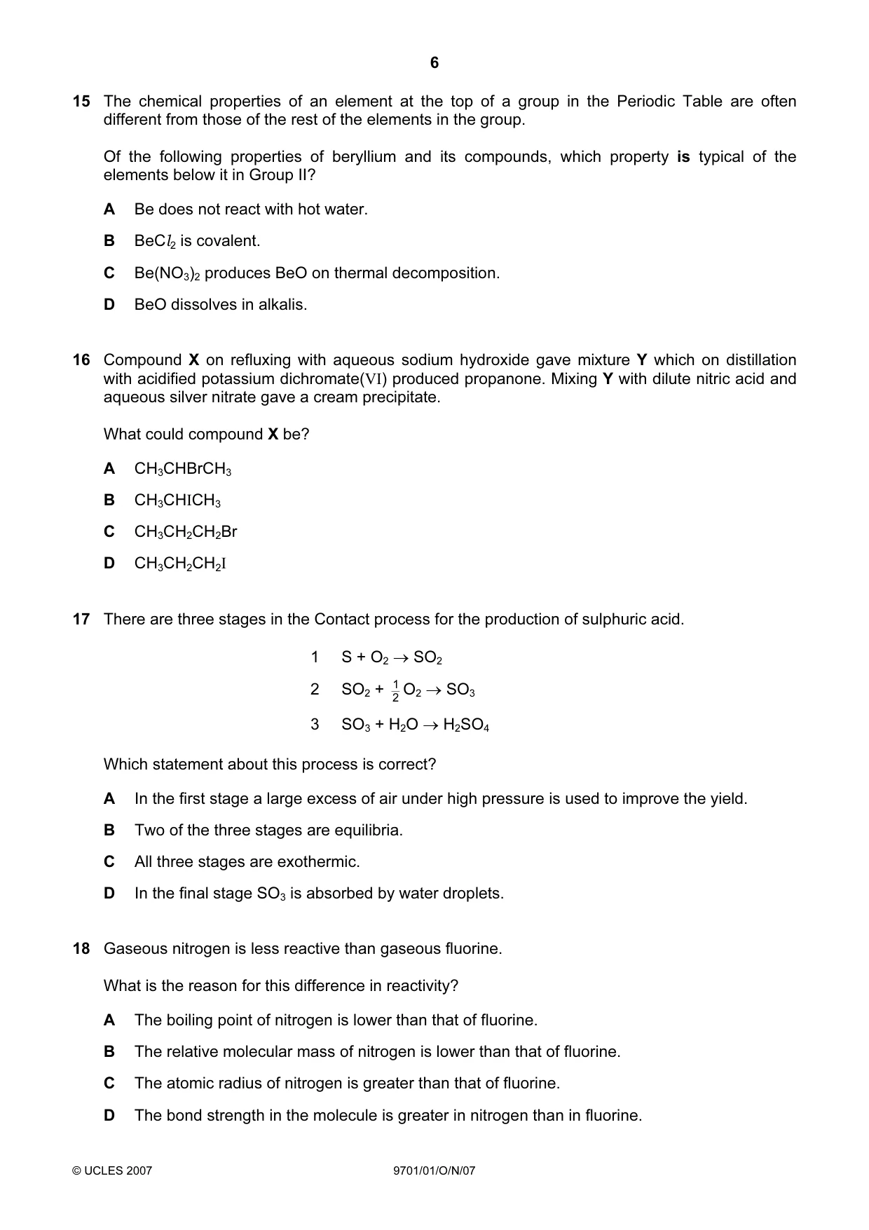 Cambridge A Level Chemistry 9701 2007 Oct/Nov Paper 1 · Variant 1 question paper, page 6 of 16