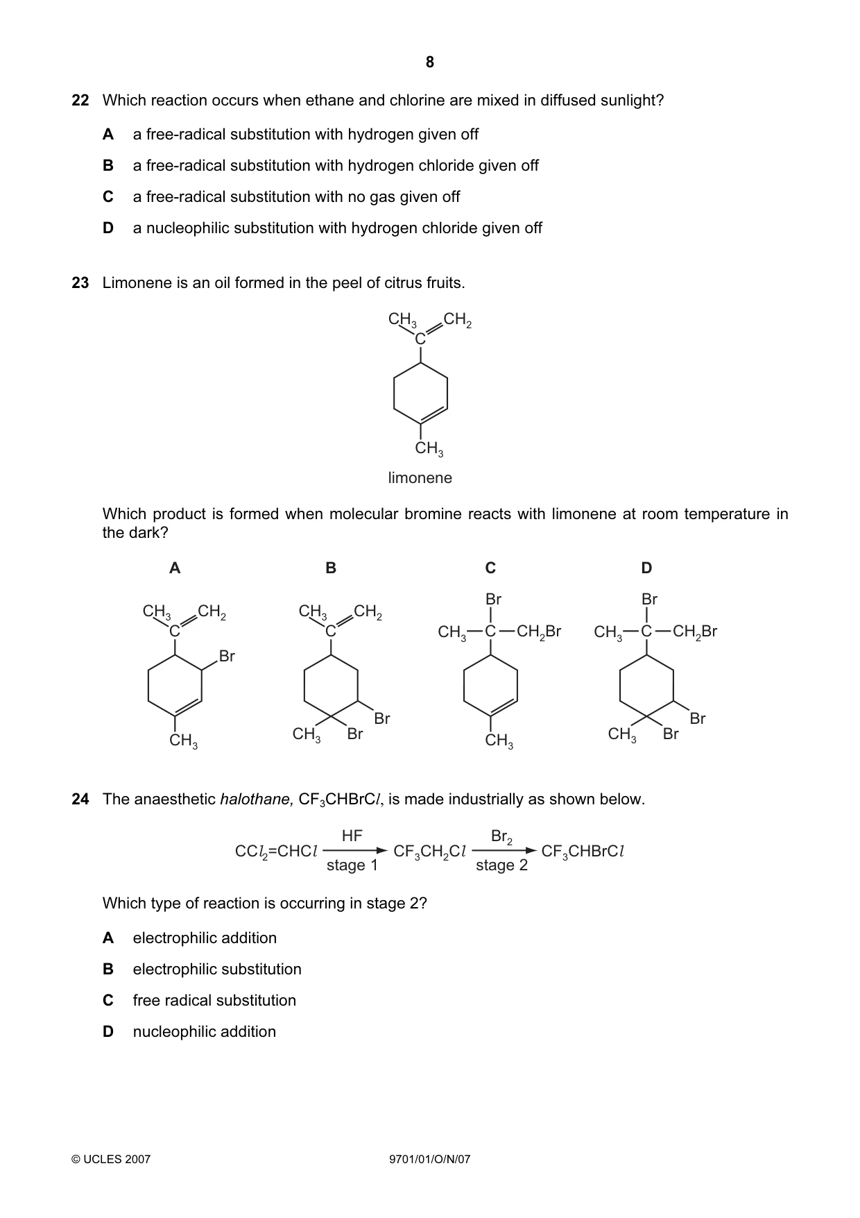 Cambridge A Level Chemistry 9701 2007 Oct/Nov Paper 1 · Variant 1 question paper, page 8 of 16