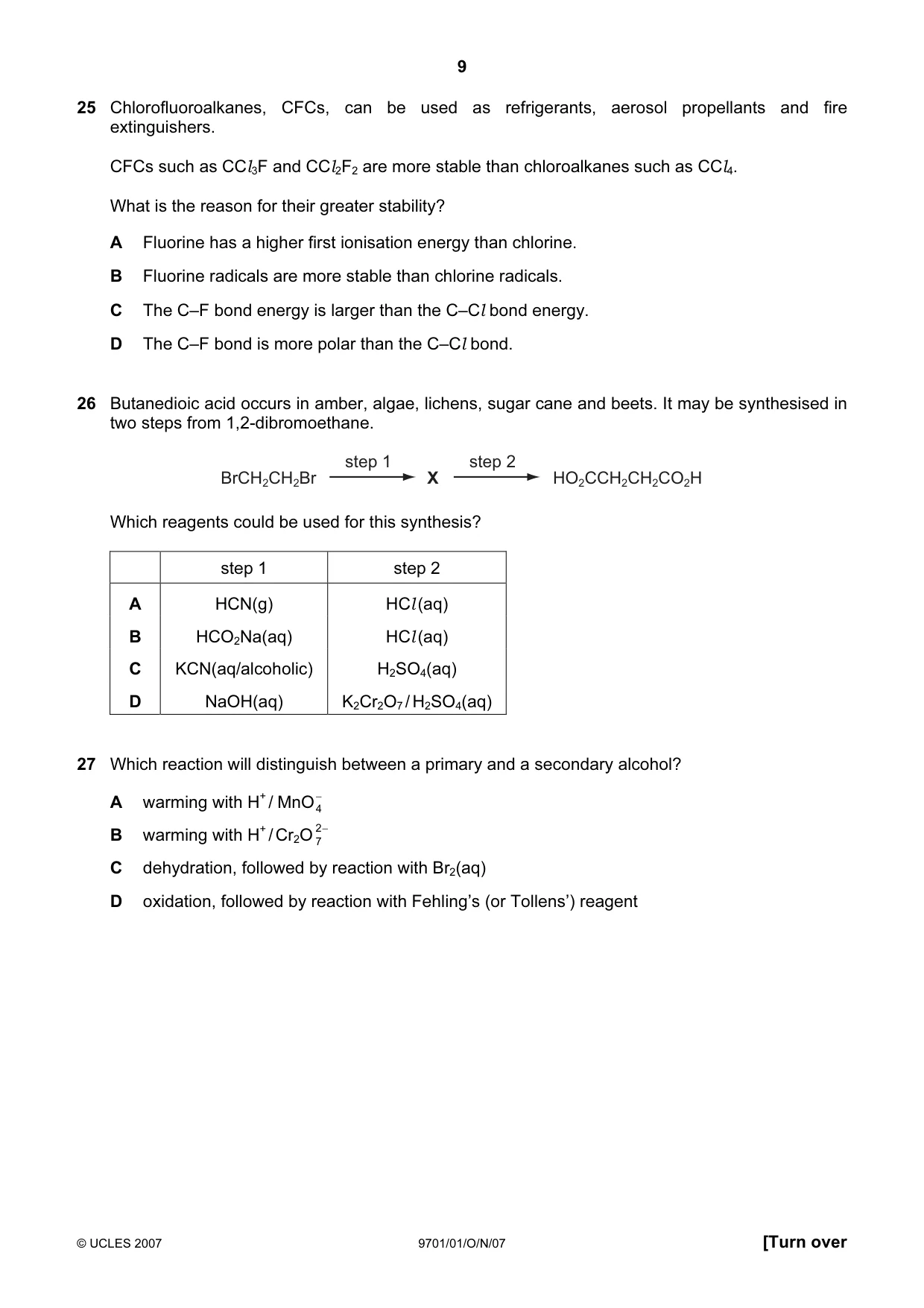 Cambridge A Level Chemistry 9701 2007 Oct/Nov Paper 1 · Variant 1 question paper, page 9 of 16
