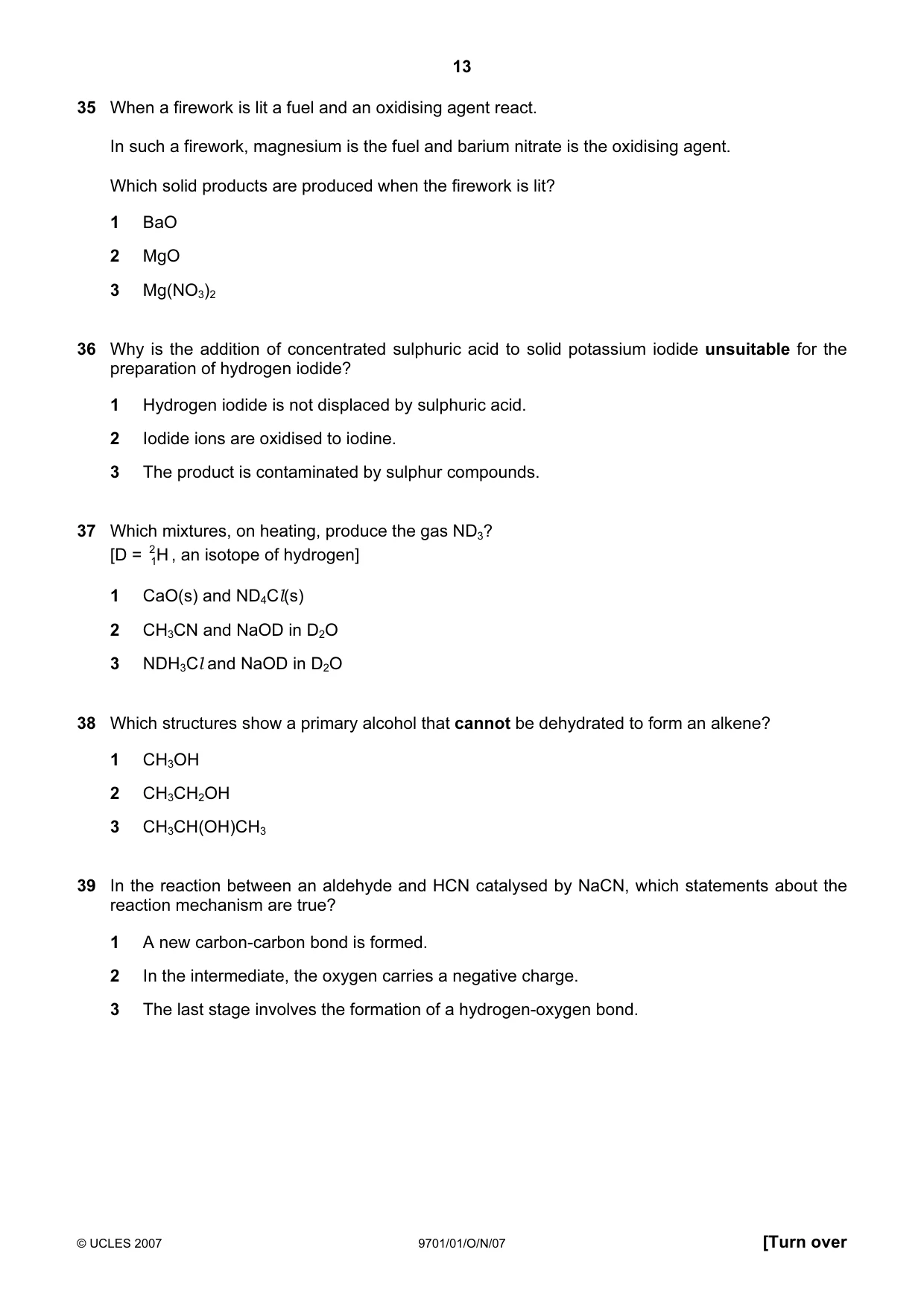 Cambridge A Level Chemistry 9701 2007 Oct/Nov Paper 1 · Variant 1 question paper, page 13 of 16