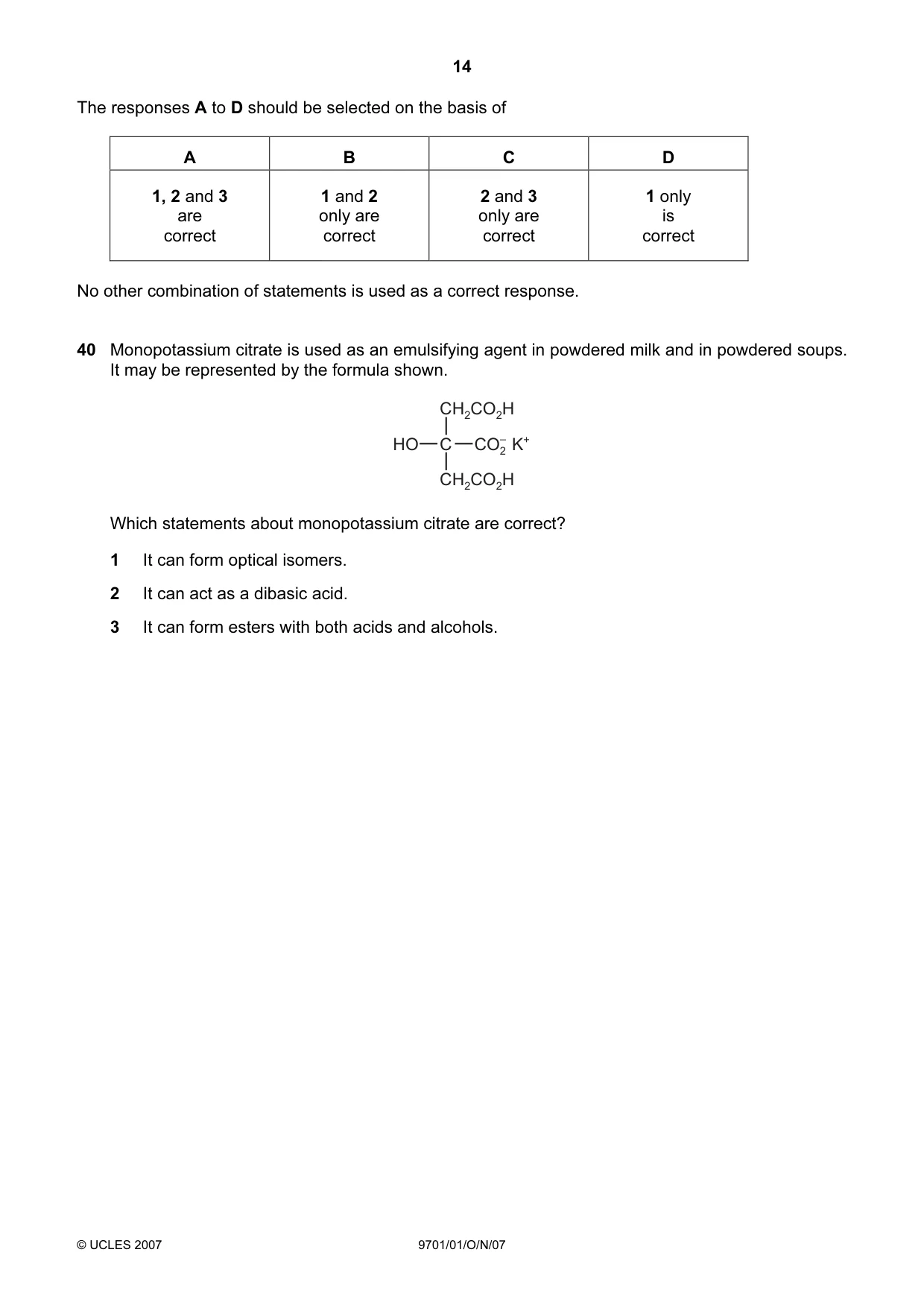 Cambridge A Level Chemistry 9701 2007 Oct/Nov Paper 1 · Variant 1 question paper, page 14 of 16