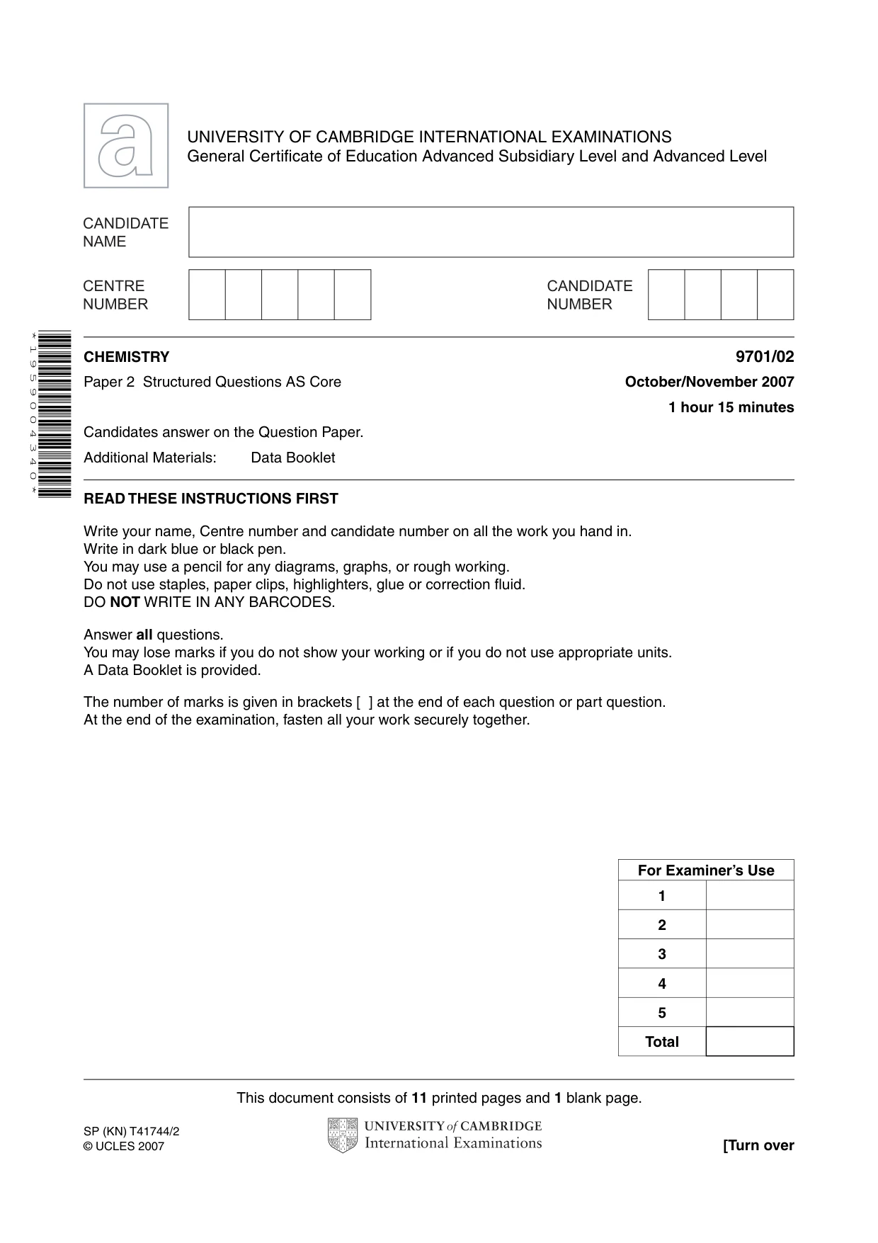 Cambridge A Level Chemistry 9701 2007 Oct/Nov Paper 2 · Variant 1 question paper, page 1 of 12