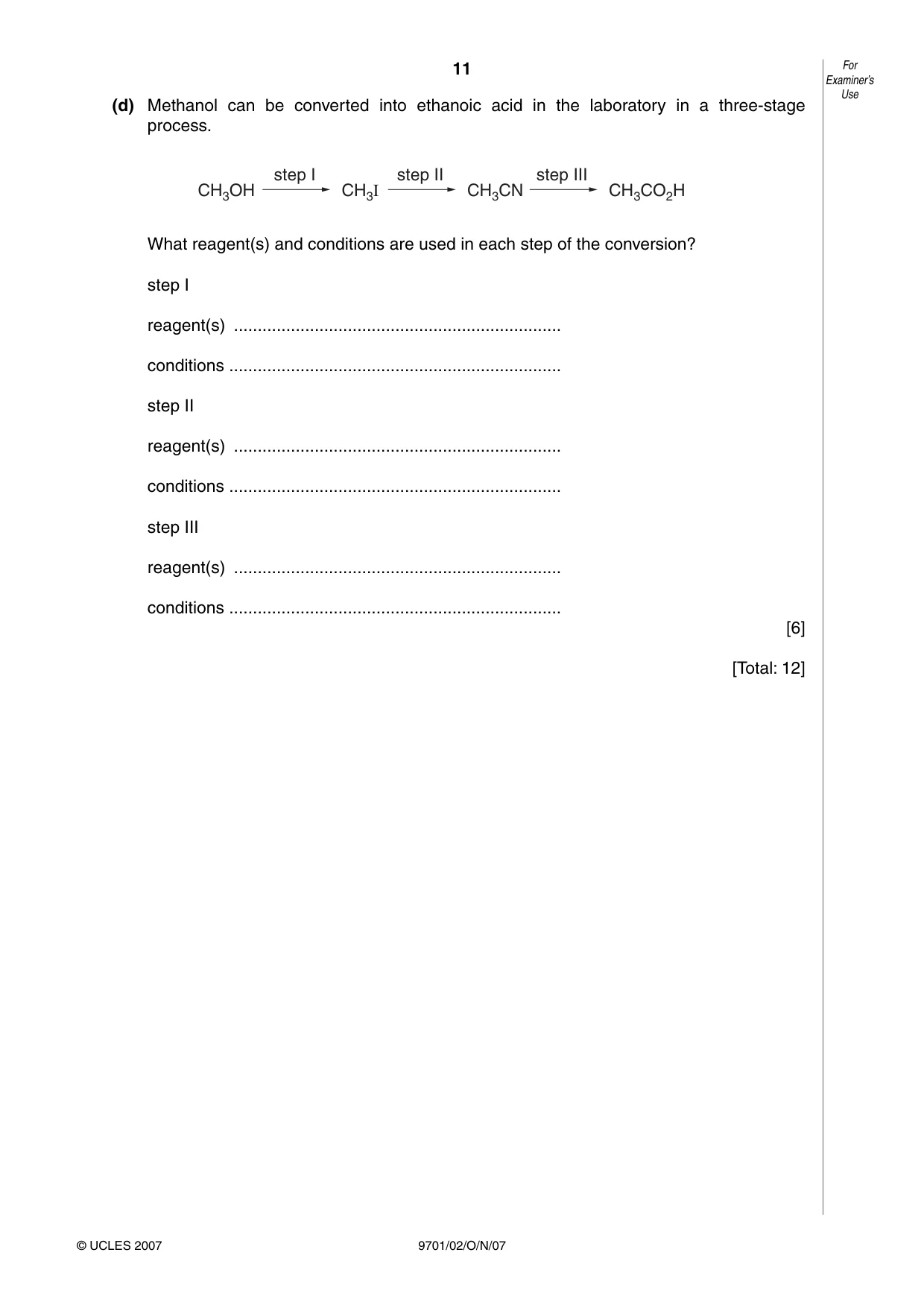 Cambridge A Level Chemistry 9701 2007 Oct/Nov Paper 2 · Variant 1 question paper, page 11 of 12