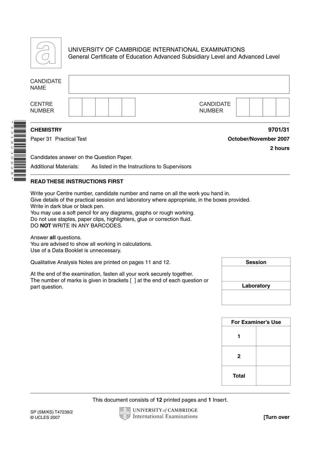Cambridge A Level Chemistry 9701 2007 Oct/Nov Paper 3 · Variant 1 question paper, page 1 of 12