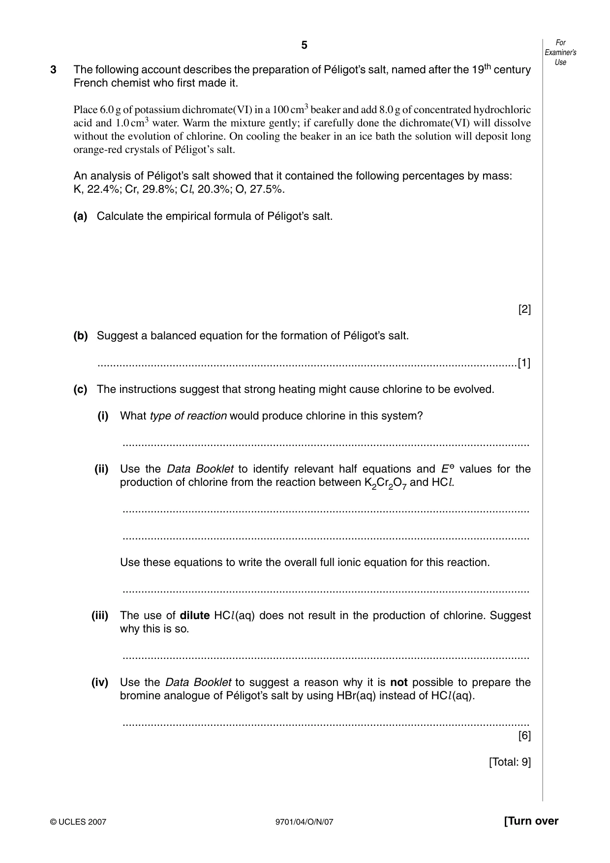 Cambridge A Level Chemistry 9701 2007 Oct/Nov Paper 4 · Variant 1 question paper, page 5 of 16