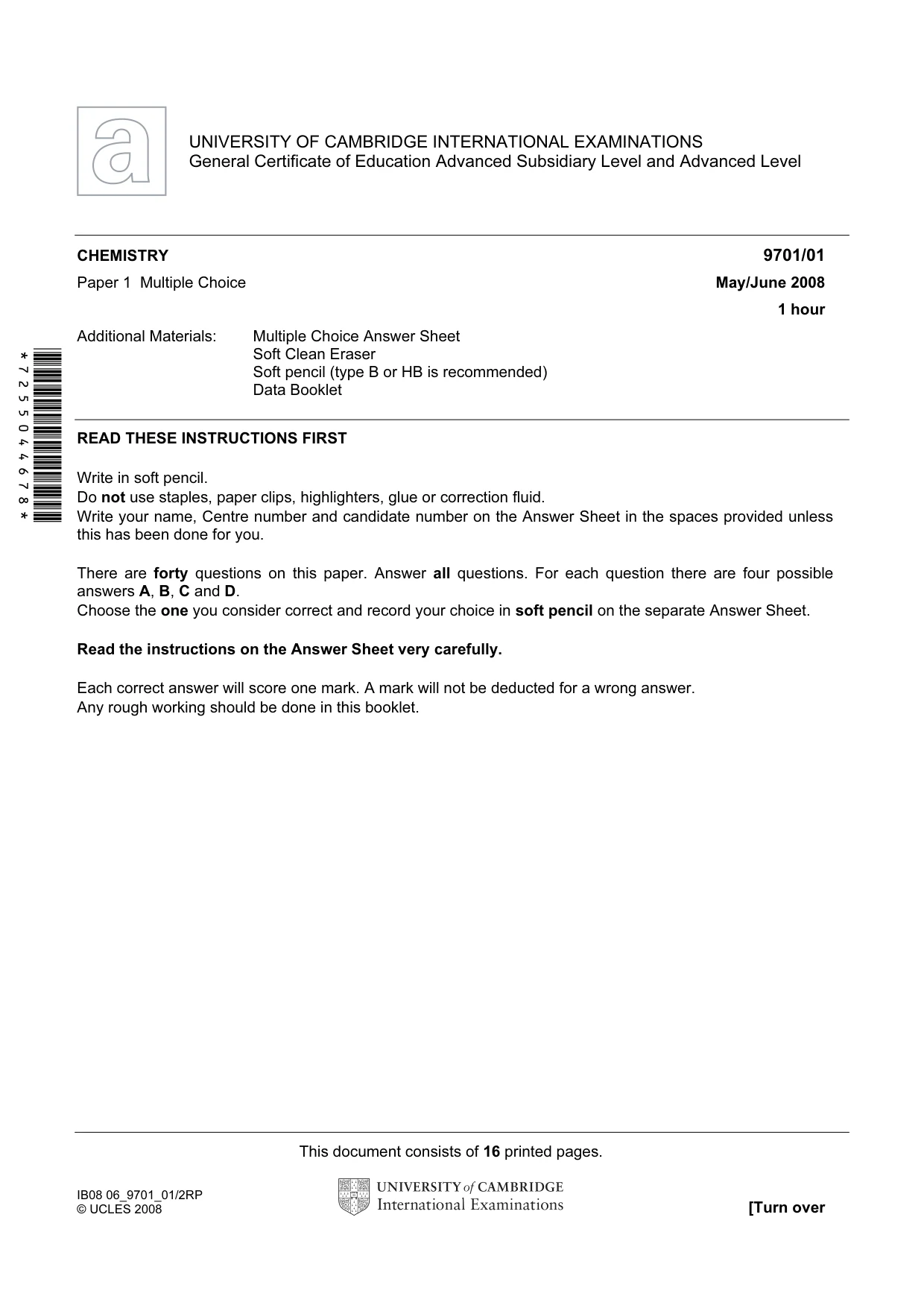 Cambridge A Level Chemistry 9701 2008 May/June Paper 1 · Variant 1 question paper, page 1 of 16