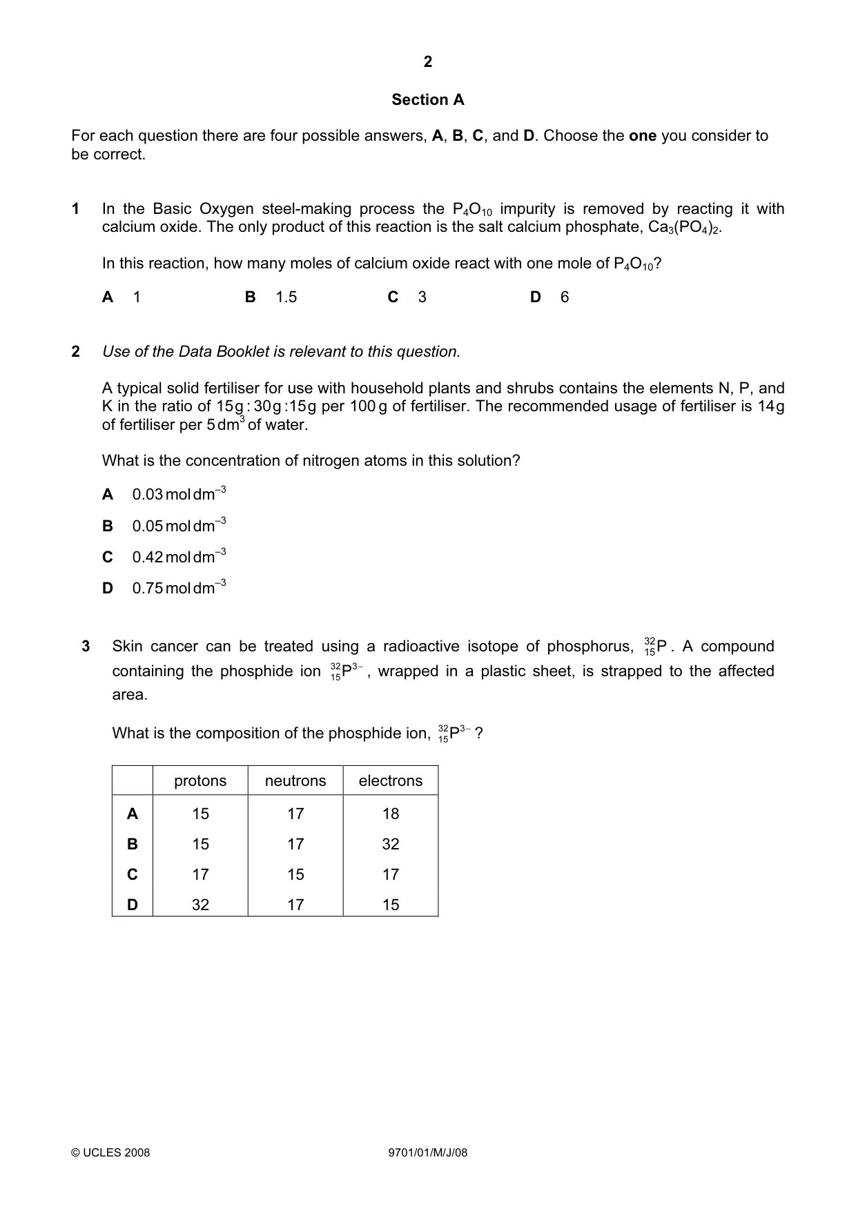 Cambridge A Level Chemistry 9701 2008 May/June Paper 1 · Variant 1 question paper, page 2 of 16