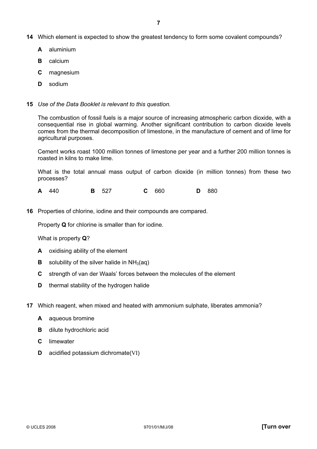 Cambridge A Level Chemistry 9701 2008 May/June Paper 1 · Variant 1 question paper, page 7 of 16