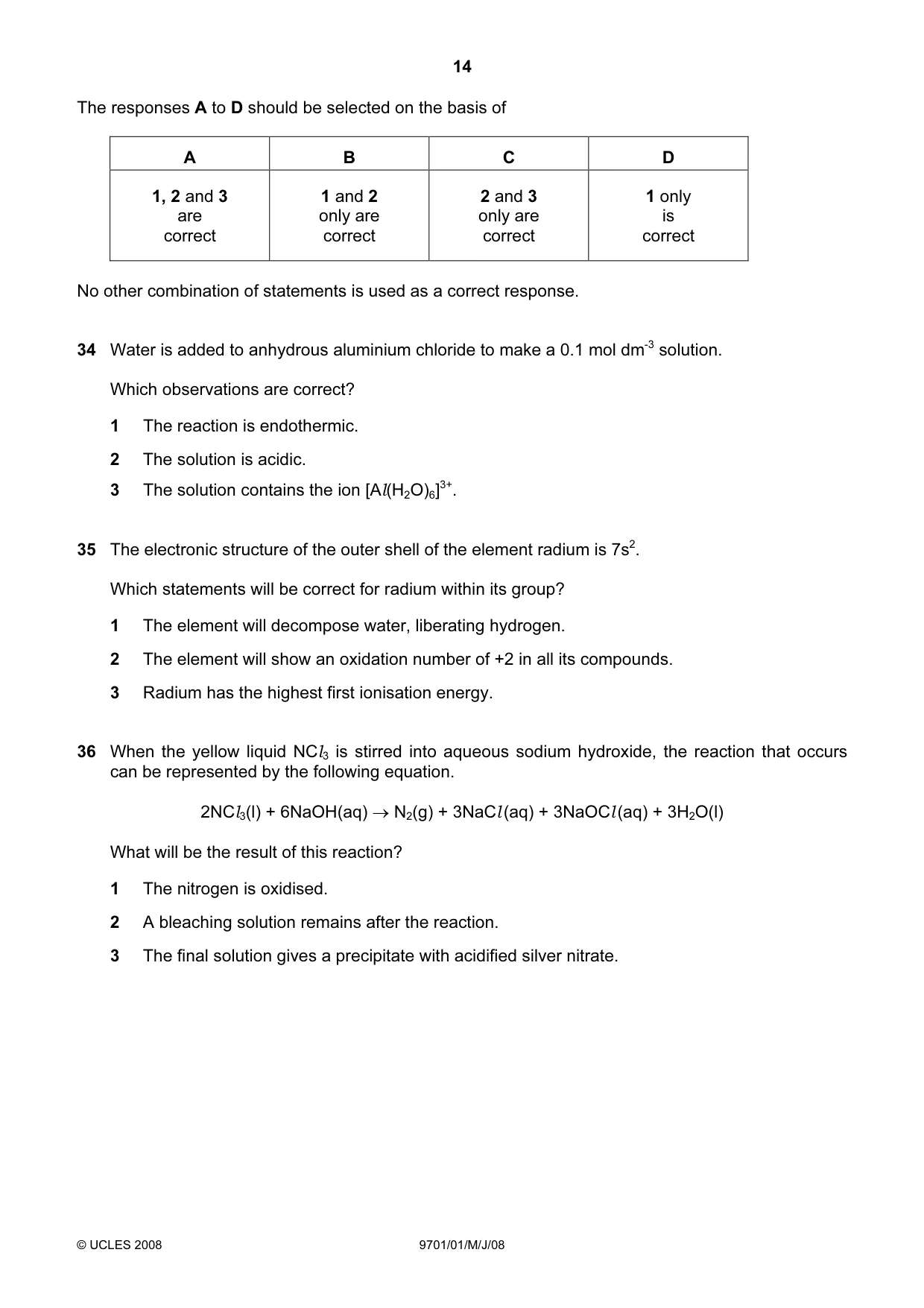 Cambridge A Level Chemistry 9701 2008 May/June Paper 1 · Variant 1 question paper, page 14 of 16