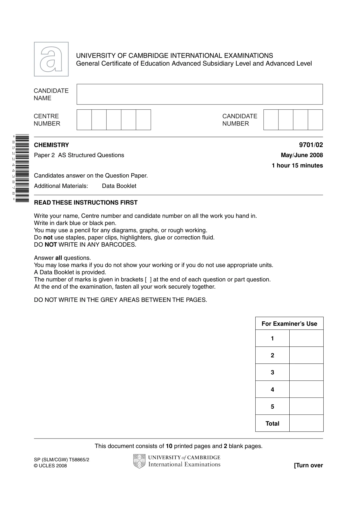 Cambridge A Level Chemistry 9701 2008 May/June Paper 2 · Variant 1 question paper, page 1 of 12