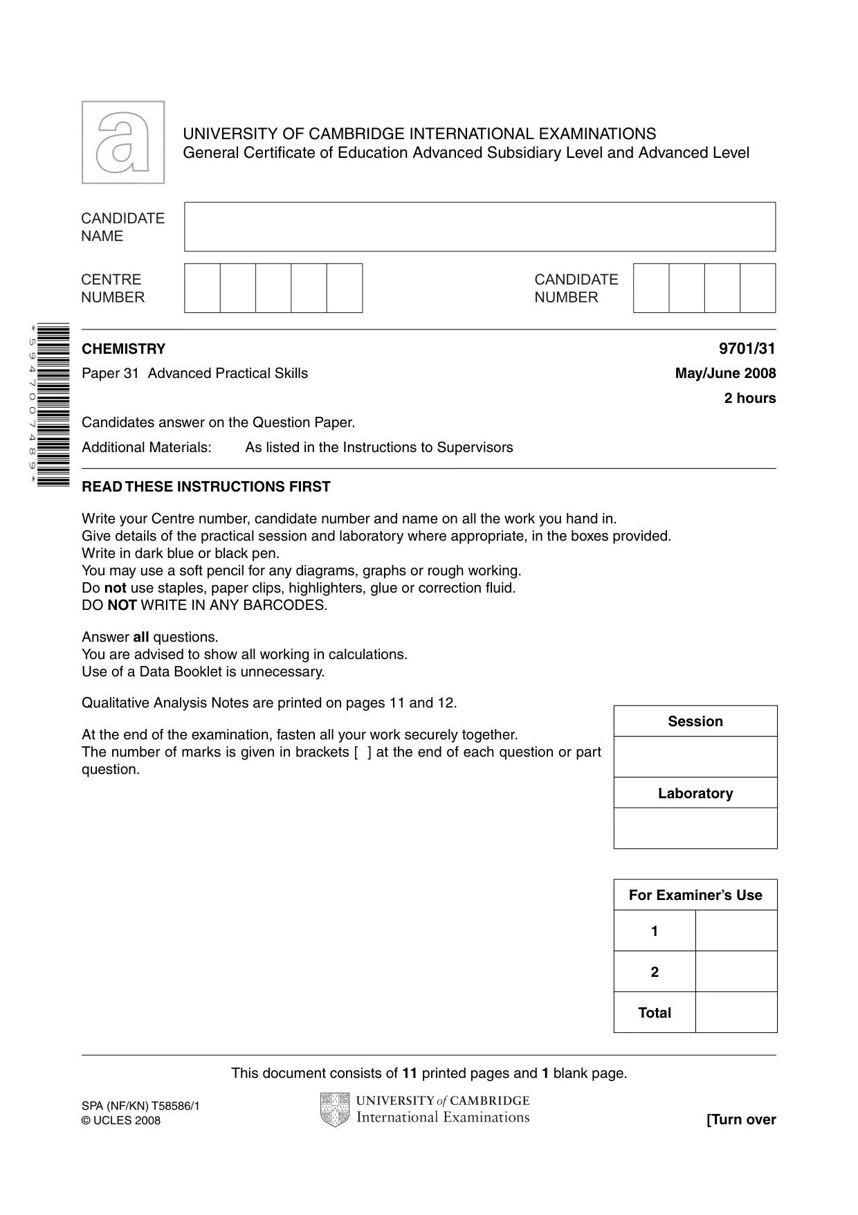 Cambridge A Level Chemistry 9701 2008 May/June Paper 3 · Variant 1 question paper, page 1 of 12