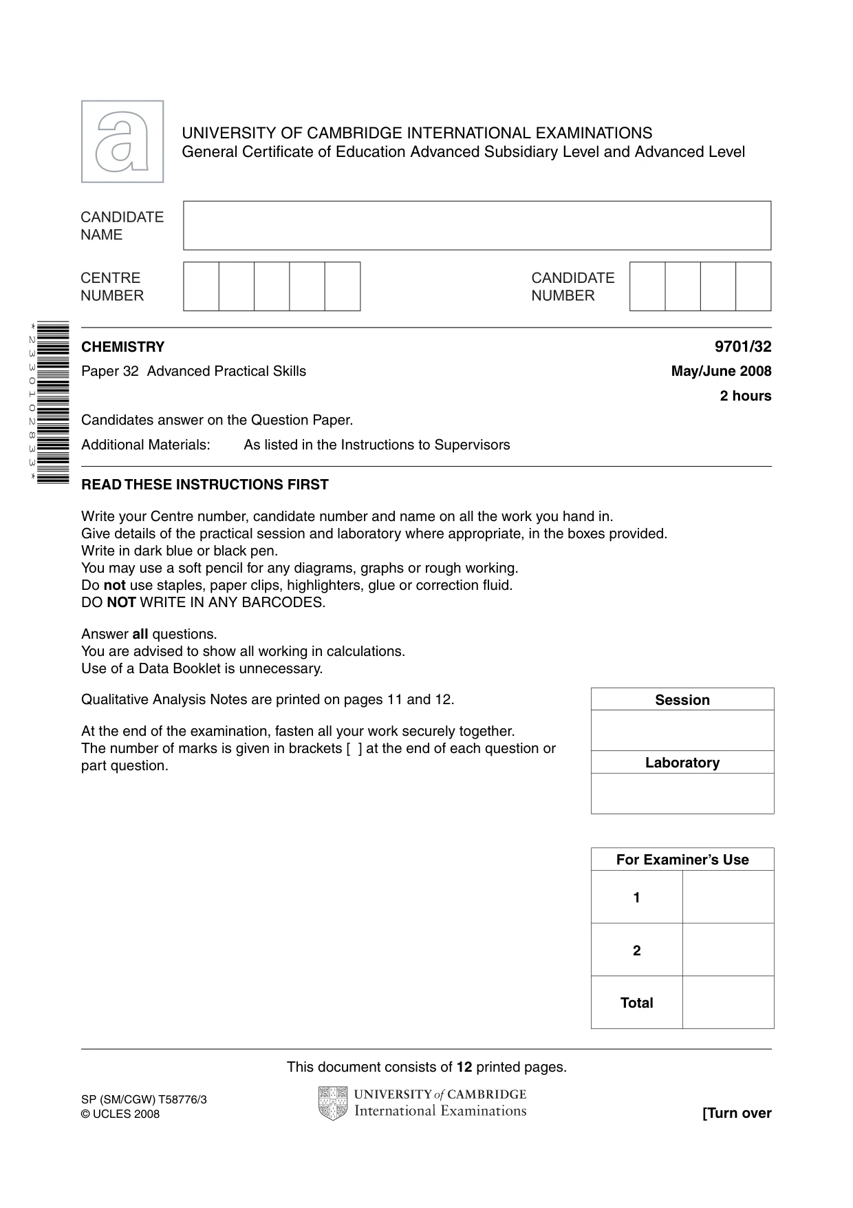 Cambridge A Level Chemistry 9701 2008 May/June Paper 3 · Variant 2 question paper, page 1 of 12