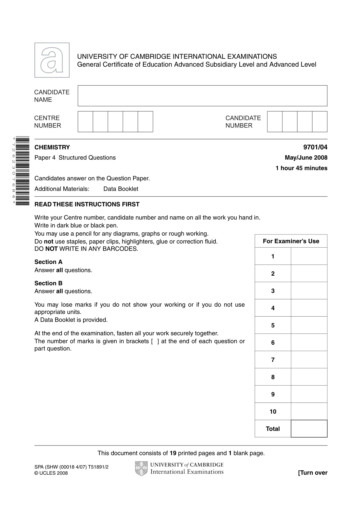 Cambridge A Level Chemistry 9701 2008 May/June Paper 4 · Variant 1 question paper, page 1 of 20