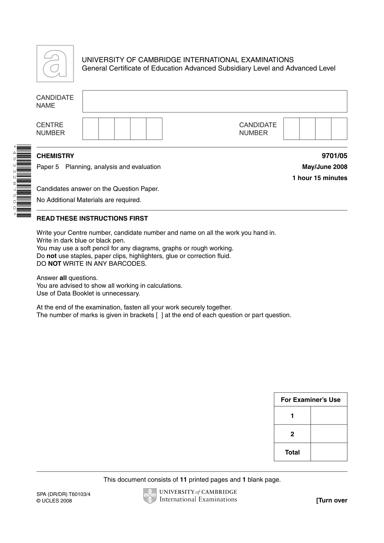 Cambridge A Level Chemistry 9701 2008 May/June Paper 5 · Variant 1 question paper, page 1 of 12