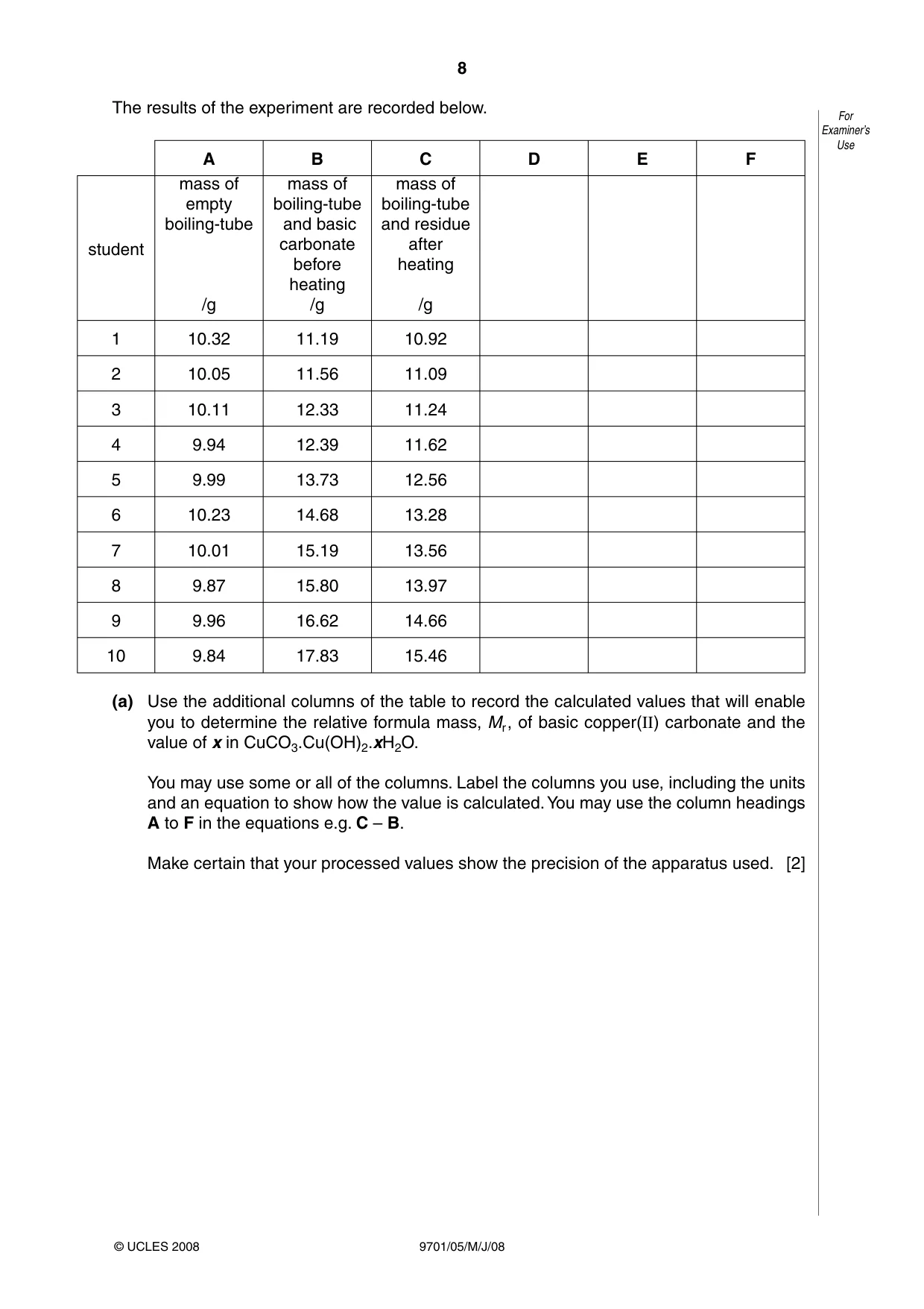 Cambridge A Level Chemistry 9701 2008 May/June Paper 5 · Variant 1 question paper, page 8 of 12