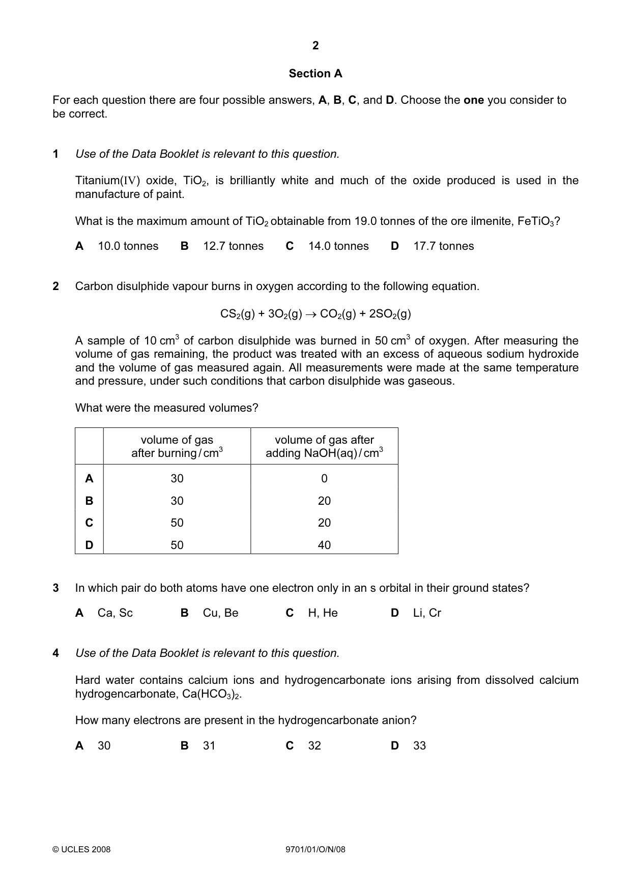 Cambridge A Level Chemistry 9701 2008 Oct/Nov Paper 1 · Variant 1 question paper, page 2 of 16