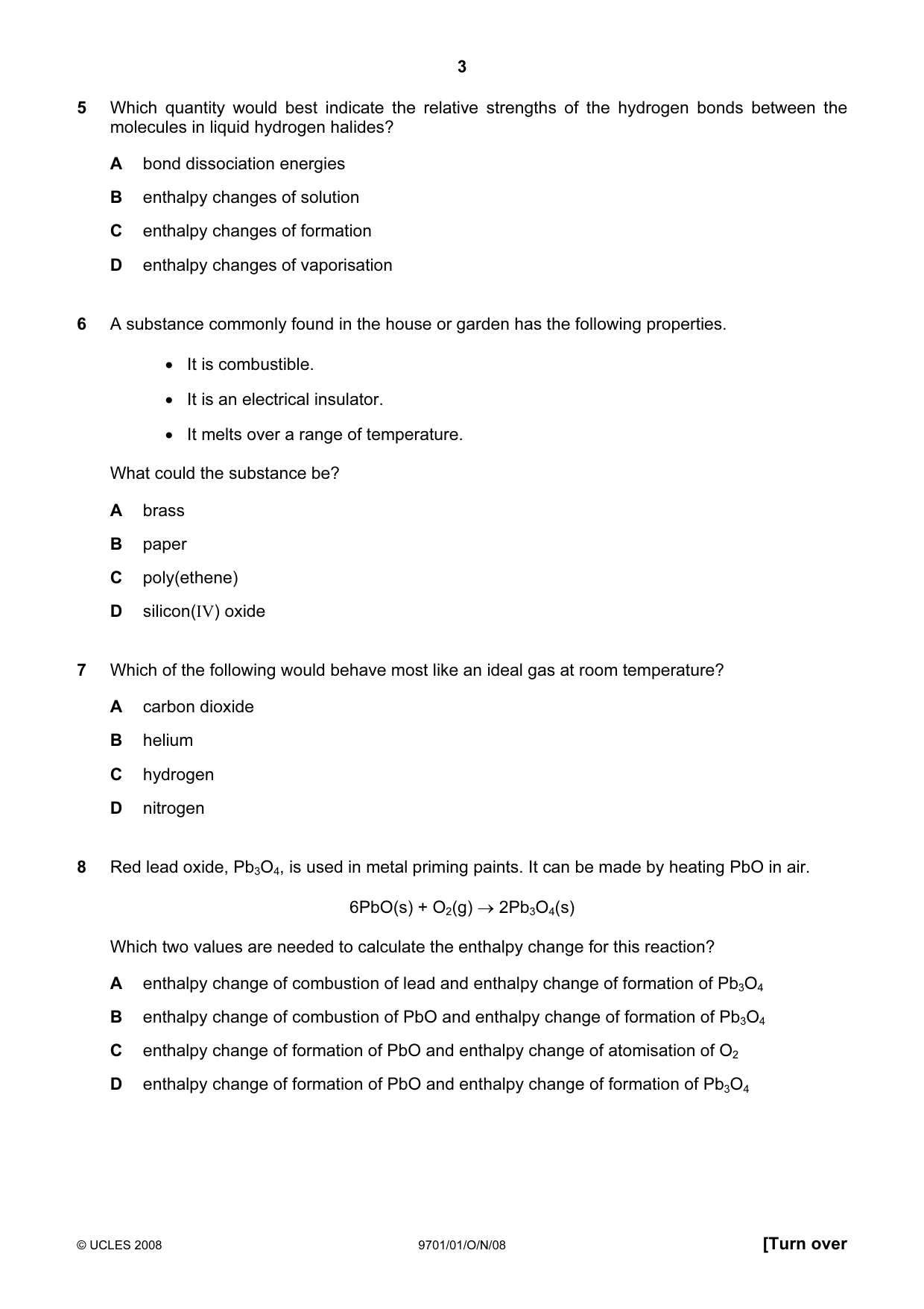 Cambridge A Level Chemistry 9701 2008 Oct/Nov Paper 1 · Variant 1 question paper, page 3 of 16