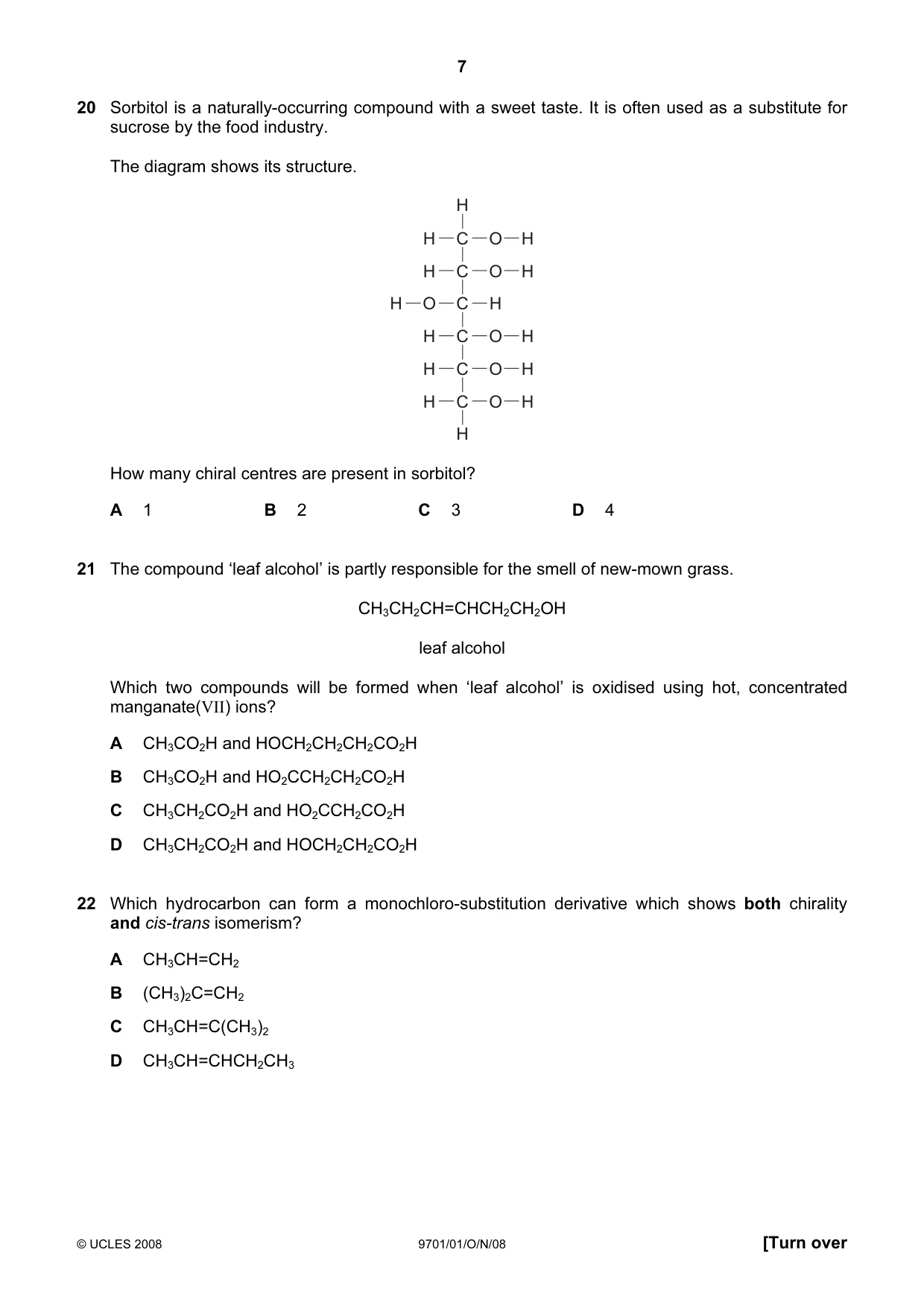Cambridge A Level Chemistry 9701 2008 Oct/Nov Paper 1 · Variant 1 question paper, page 7 of 16