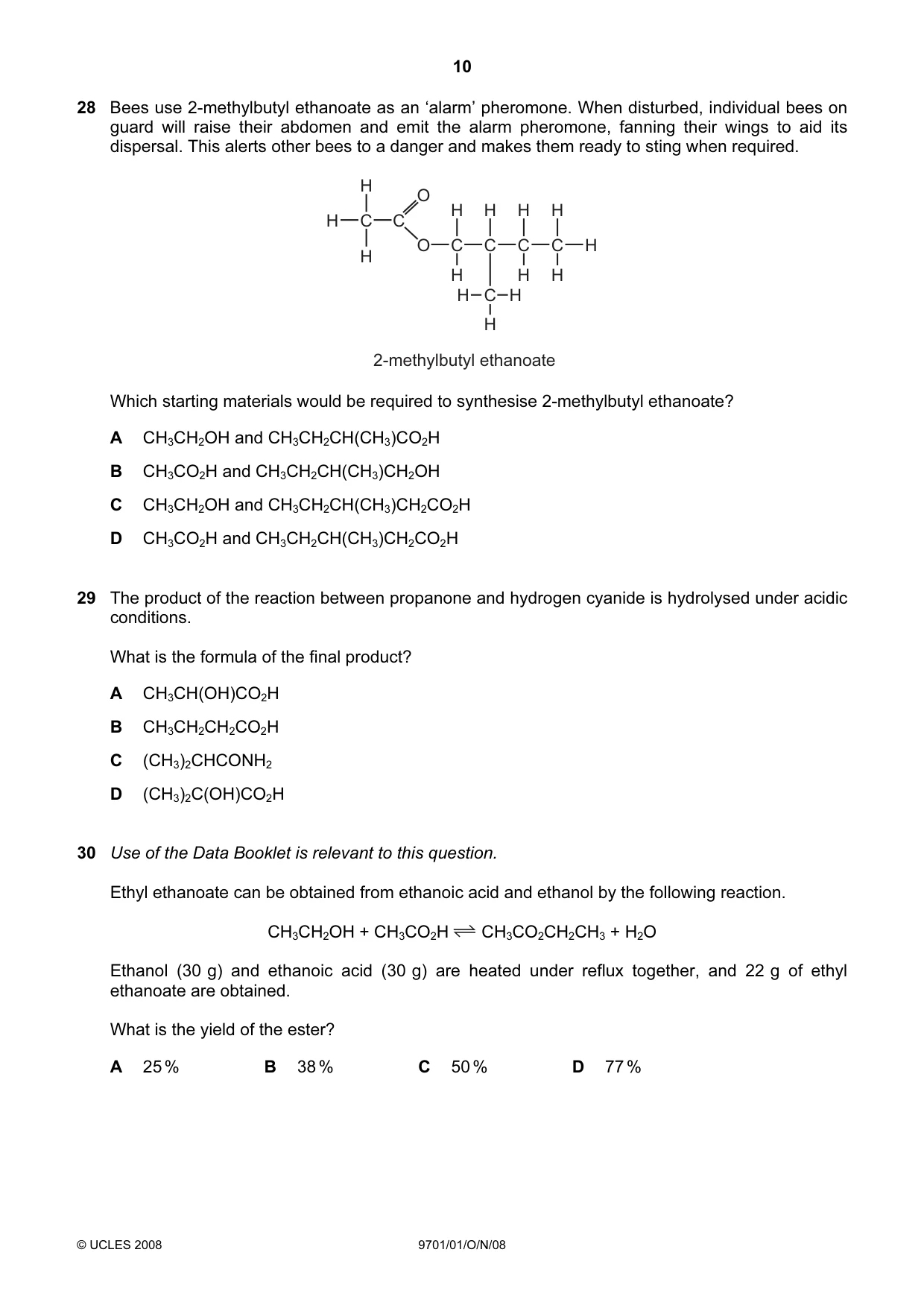 Cambridge A Level Chemistry 9701 2008 Oct/Nov Paper 1 · Variant 1 question paper, page 10 of 16