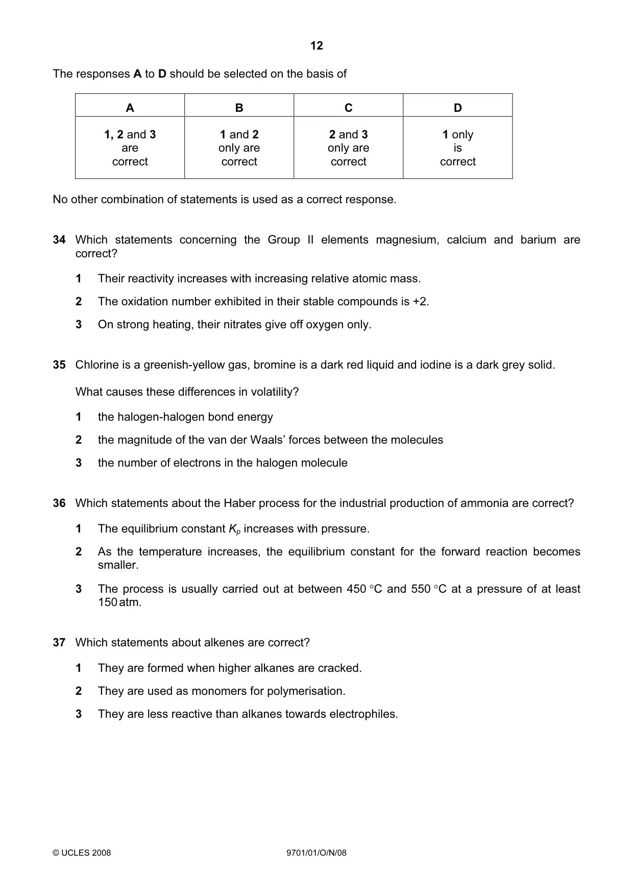 Cambridge A Level Chemistry 9701 2008 Oct/Nov Paper 1 · Variant 1 question paper, page 12 of 16