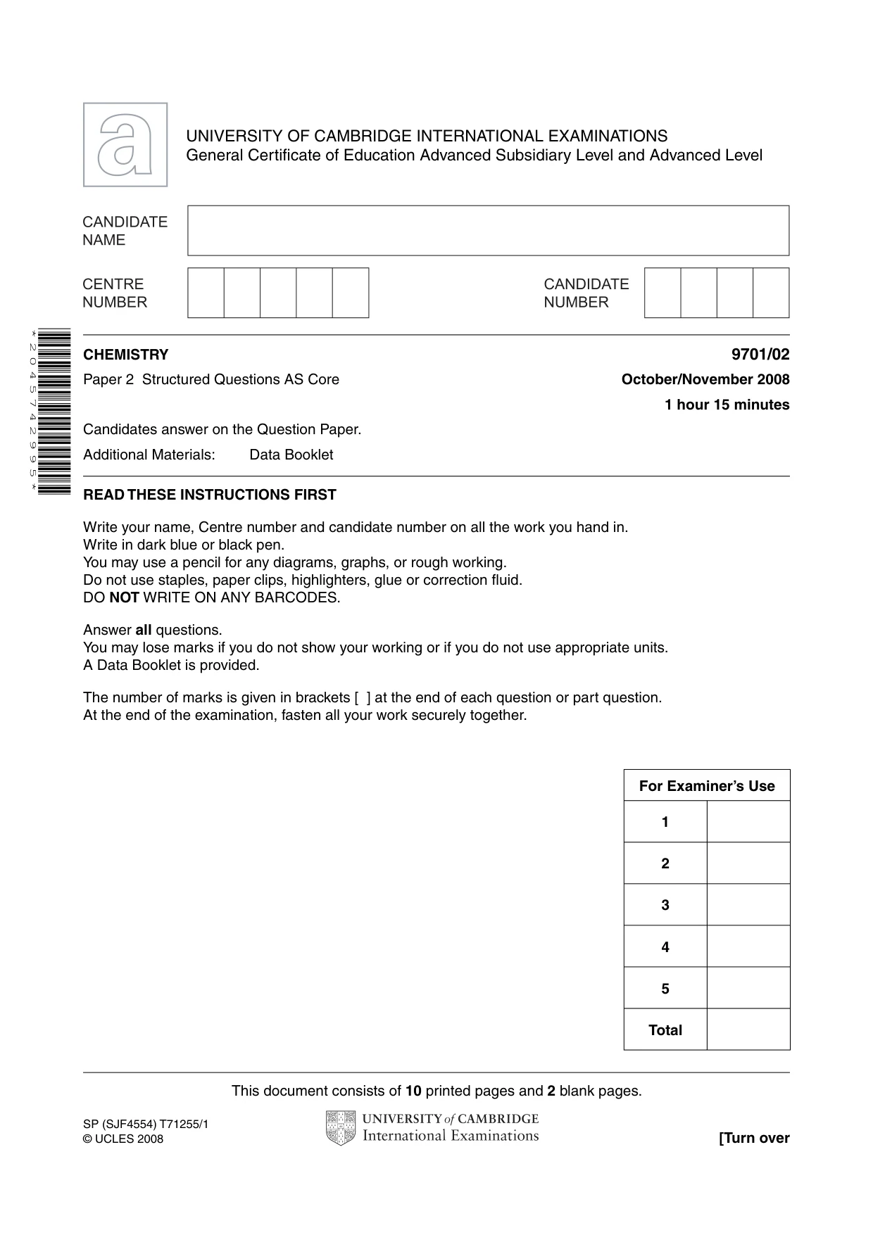 Cambridge A Level Chemistry 9701 2008 Oct/Nov Paper 2 · Variant 1 question paper, page 1 of 12