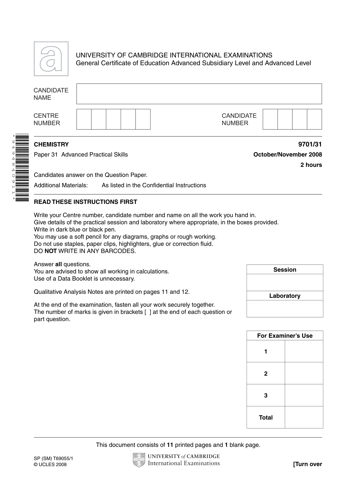 Cambridge A Level Chemistry 9701 2008 Oct/Nov Paper 3 · Variant 1 question paper, page 1 of 12