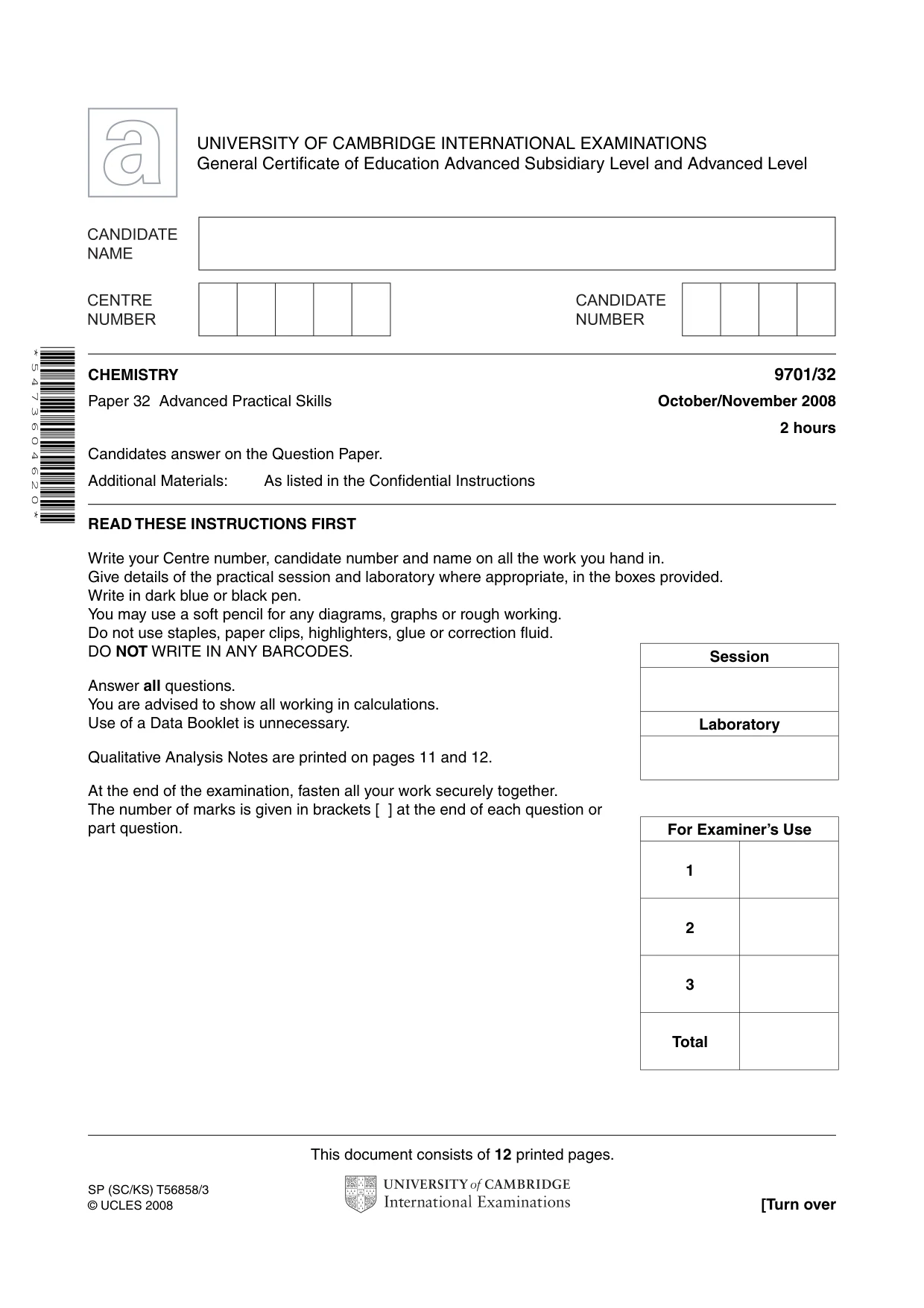 Cambridge A Level Chemistry 9701 2008 Oct/Nov Paper 3 · Variant 2 question paper, page 1 of 12