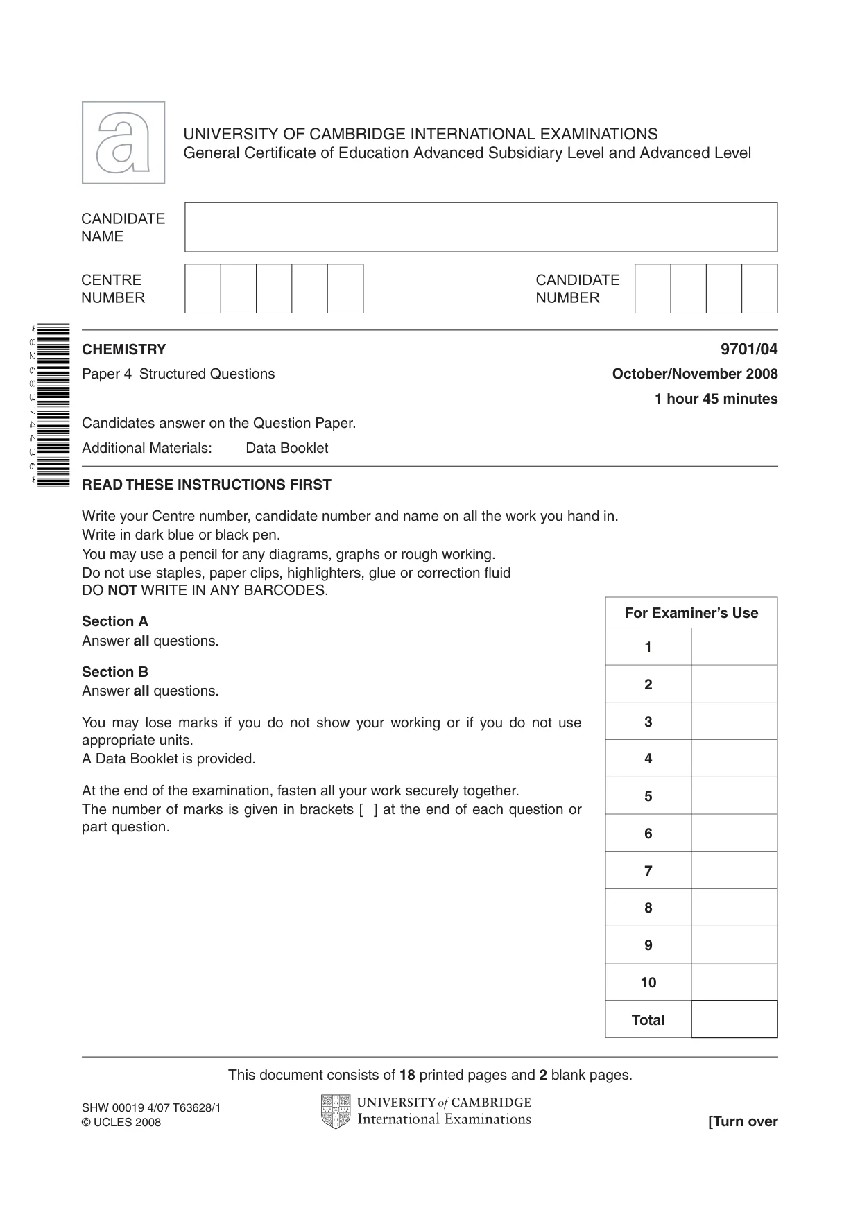 Cambridge A Level Chemistry 9701 2008 Oct/Nov Paper 4 · Variant 1 question paper, page 1 of 20