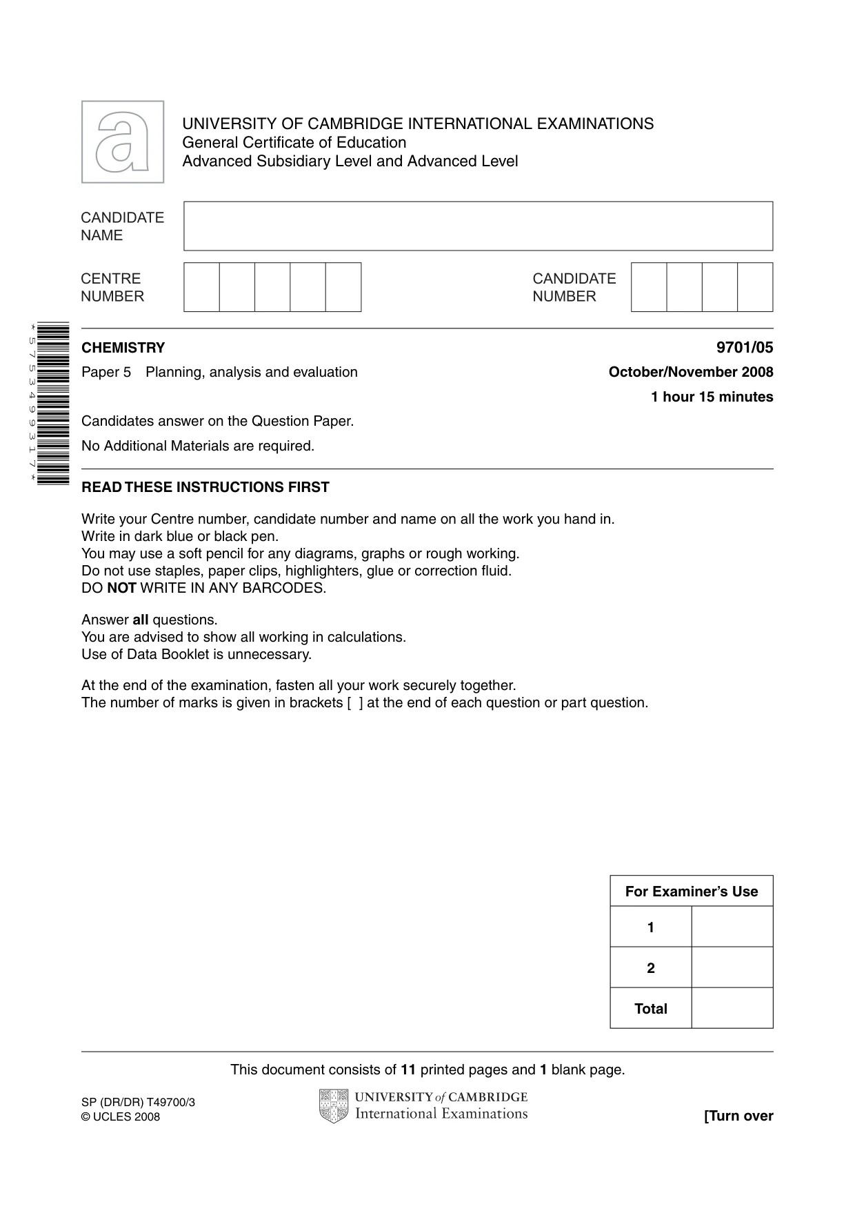 Cambridge A Level Chemistry 9701 2008 Oct/Nov Paper 5 · Variant 1 question paper, page 1 of 12