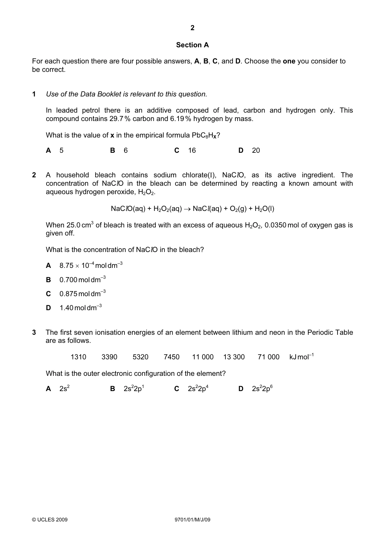 Cambridge A Level Chemistry 9701 2009 May/June Paper 1 · Variant 1 question paper, page 2 of 16