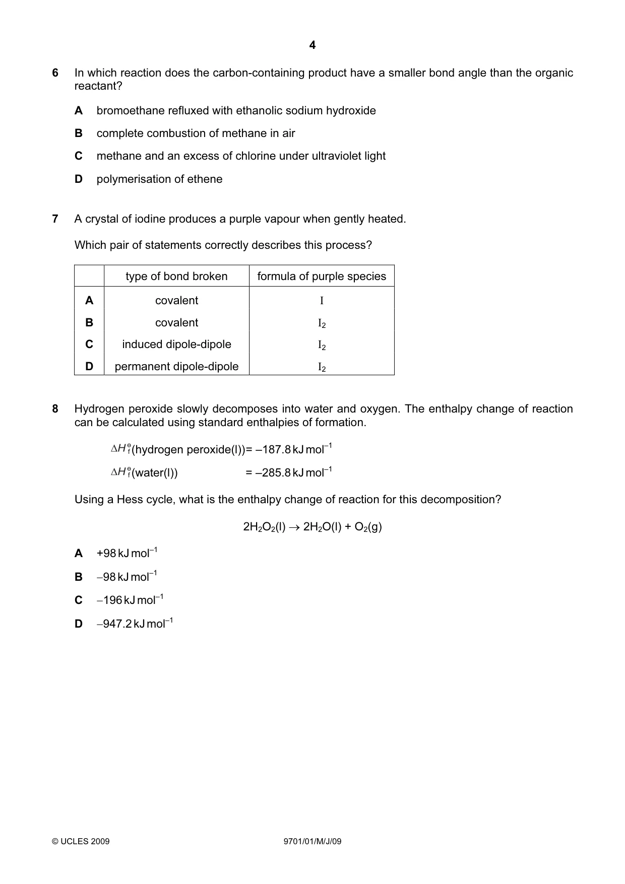 Cambridge A Level Chemistry 9701 2009 May/June Paper 1 · Variant 1 question paper, page 4 of 16