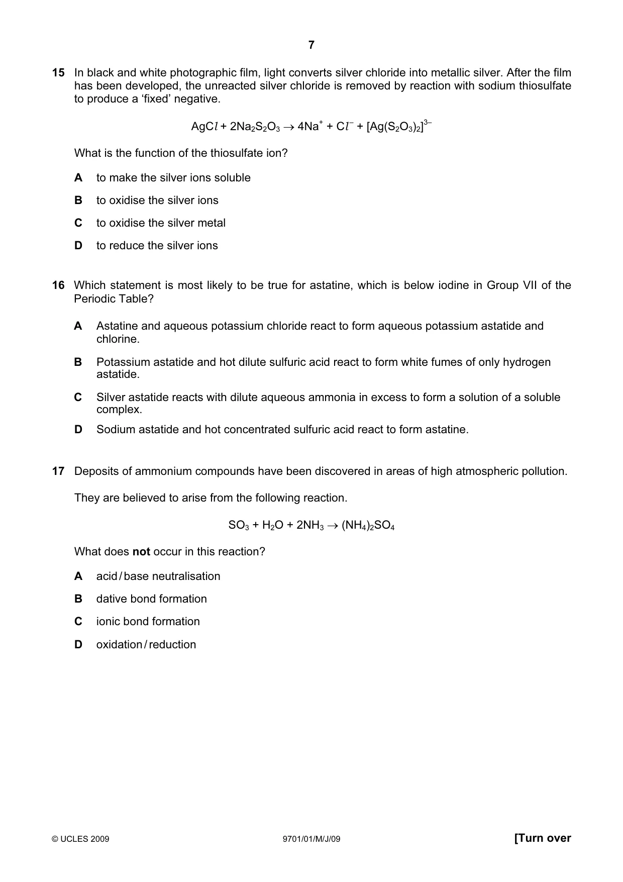Cambridge A Level Chemistry 9701 2009 May/June Paper 1 · Variant 1 question paper, page 7 of 16