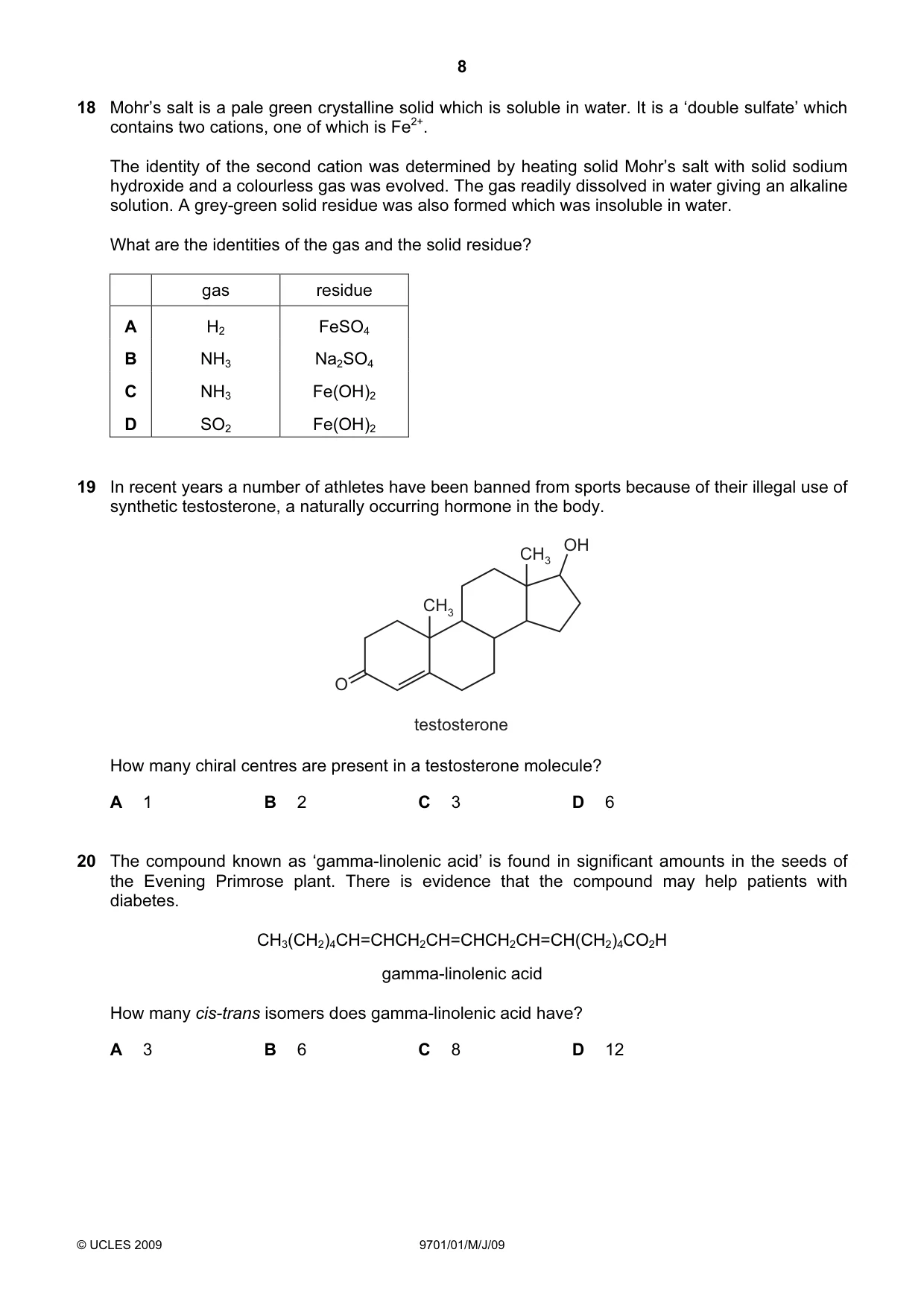 Cambridge A Level Chemistry 9701 2009 May/June Paper 1 · Variant 1 question paper, page 8 of 16