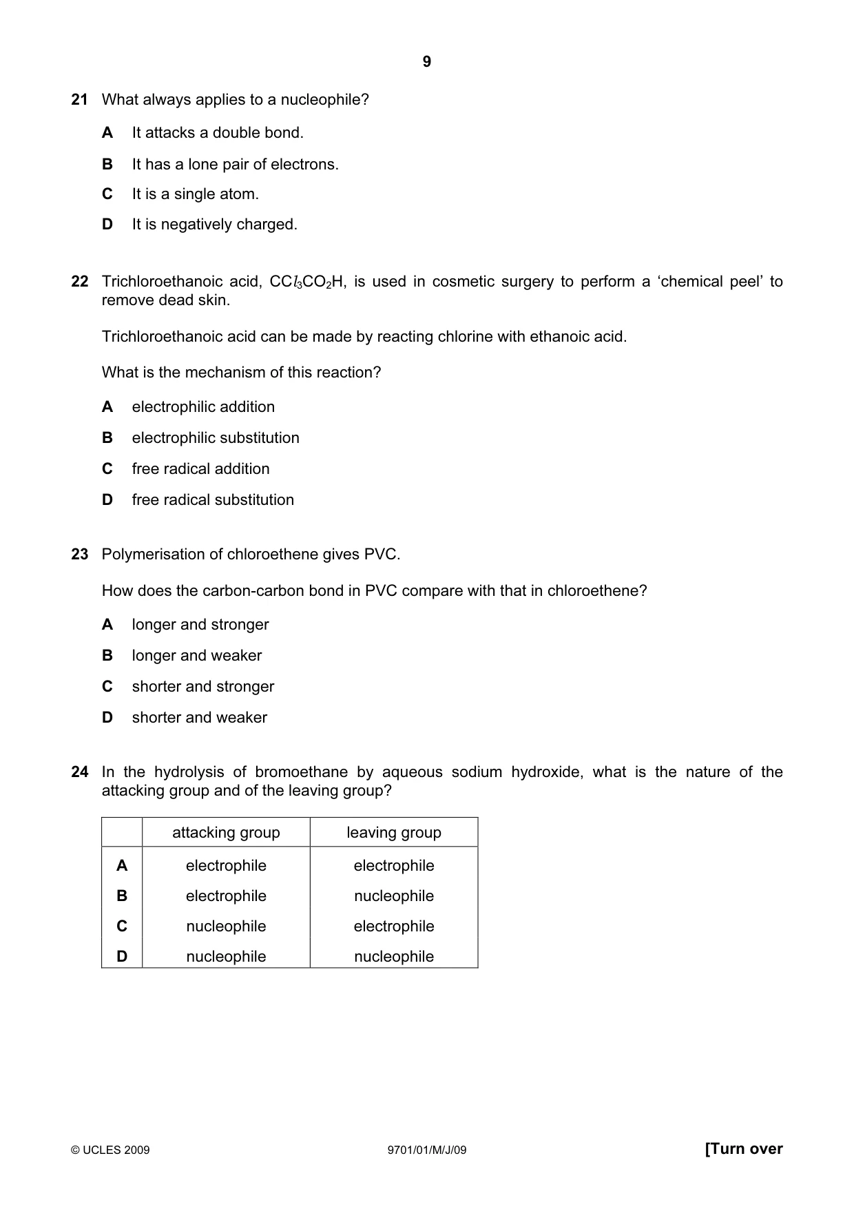 Cambridge A Level Chemistry 9701 2009 May/June Paper 1 · Variant 1 question paper, page 9 of 16