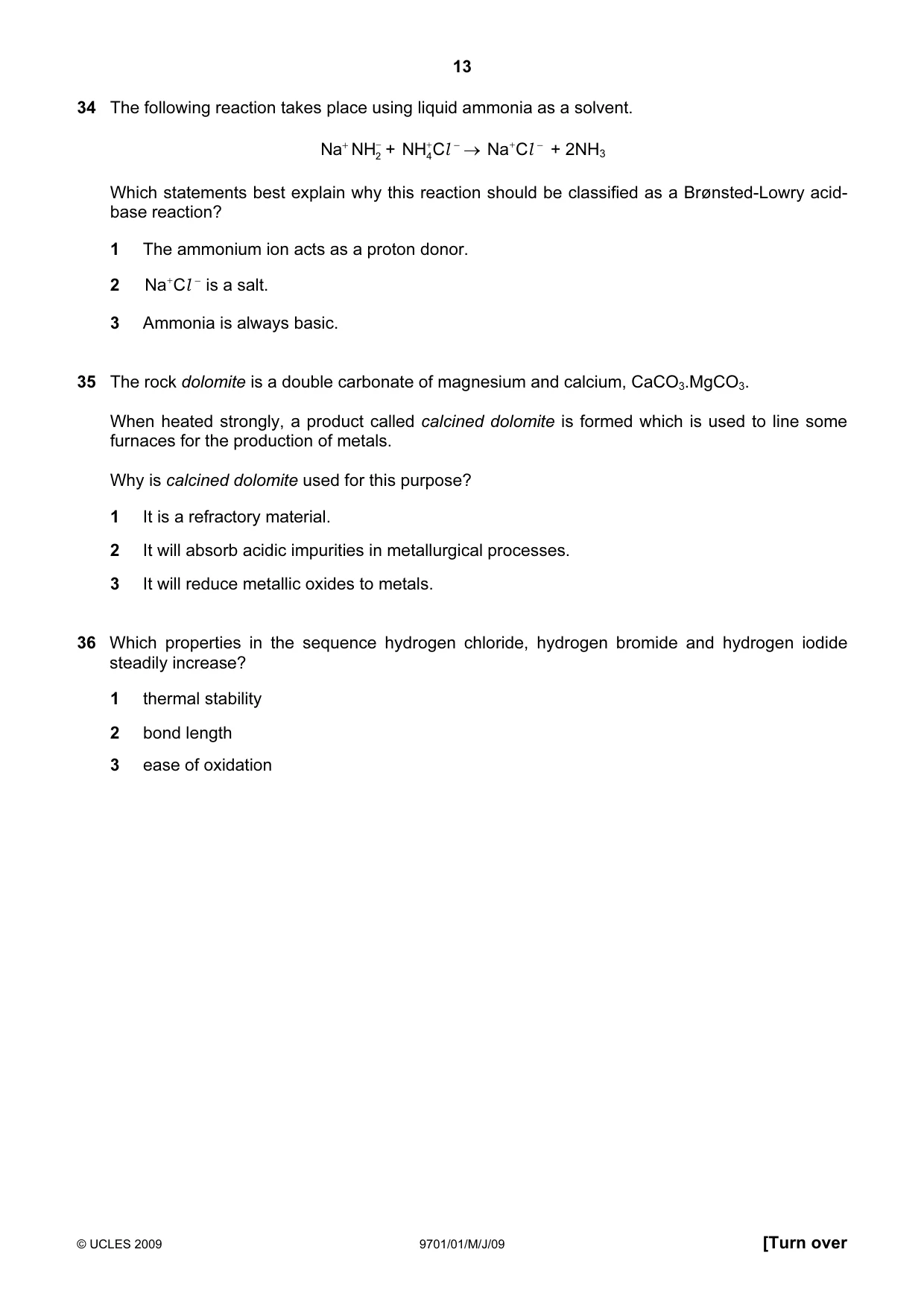 Cambridge A Level Chemistry 9701 2009 May/June Paper 1 · Variant 1 question paper, page 13 of 16