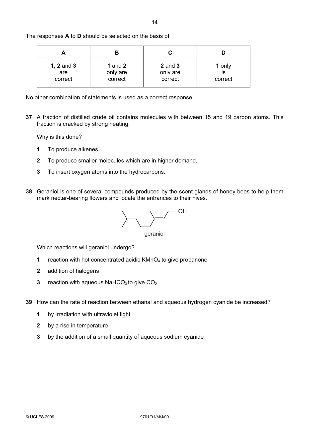 Cambridge A Level Chemistry 9701 2009 May/June Paper 1 · Variant 1 question paper, page 14 of 16