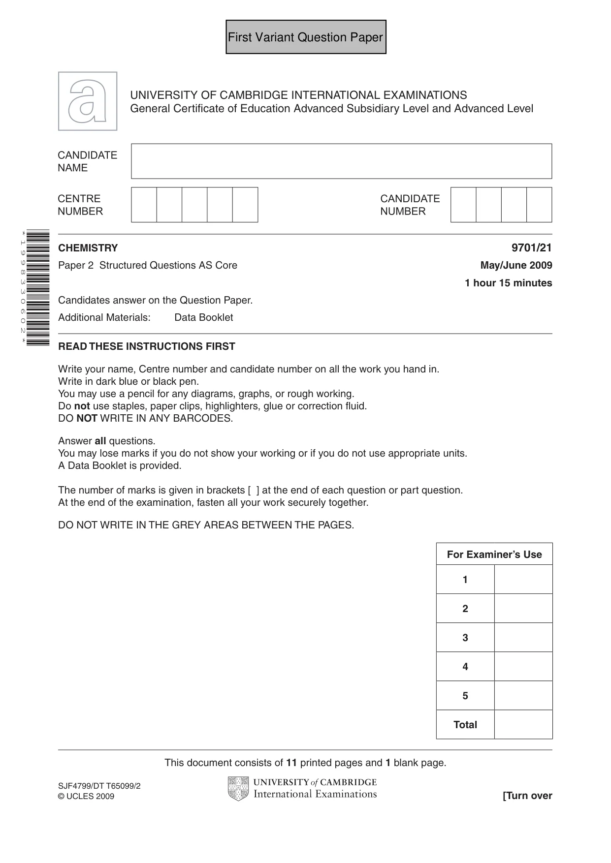 Cambridge A Level Chemistry 9701 2009 May/June Paper 2 · Variant 1 question paper, page 2 of 25