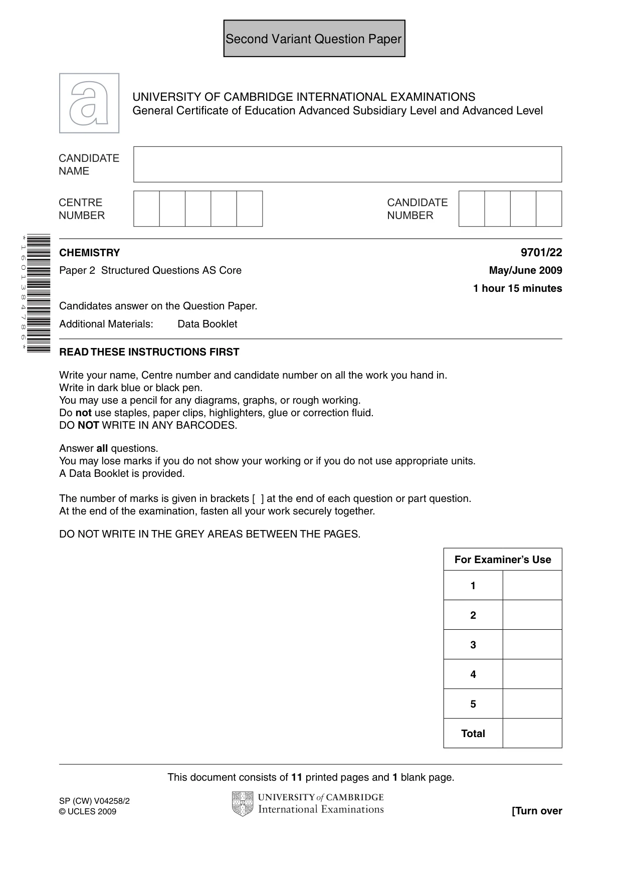 Cambridge A Level Chemistry 9701 2009 May/June Paper 2 · Variant 1 question paper, page 14 of 25