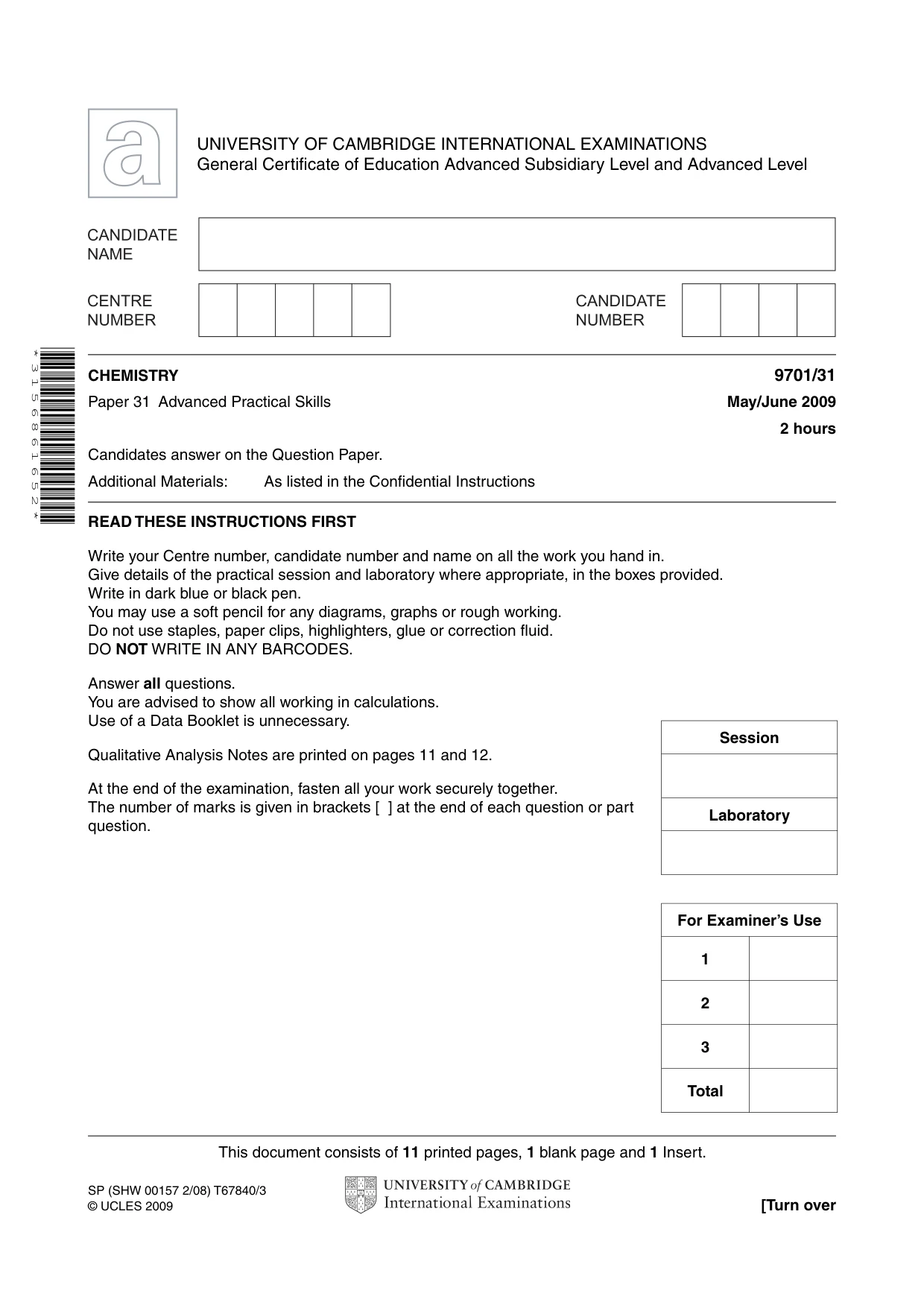 Cambridge A Level Chemistry 9701 2009 May/June Paper 3 · Variant 1 question paper, page 1 of 12
