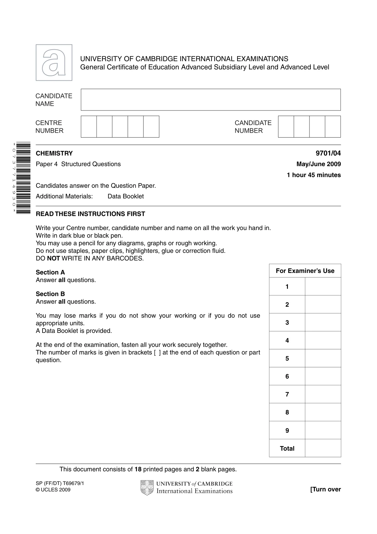 Cambridge A Level Chemistry 9701 2009 May/June Paper 4 · Variant 1 question paper, page 1 of 20