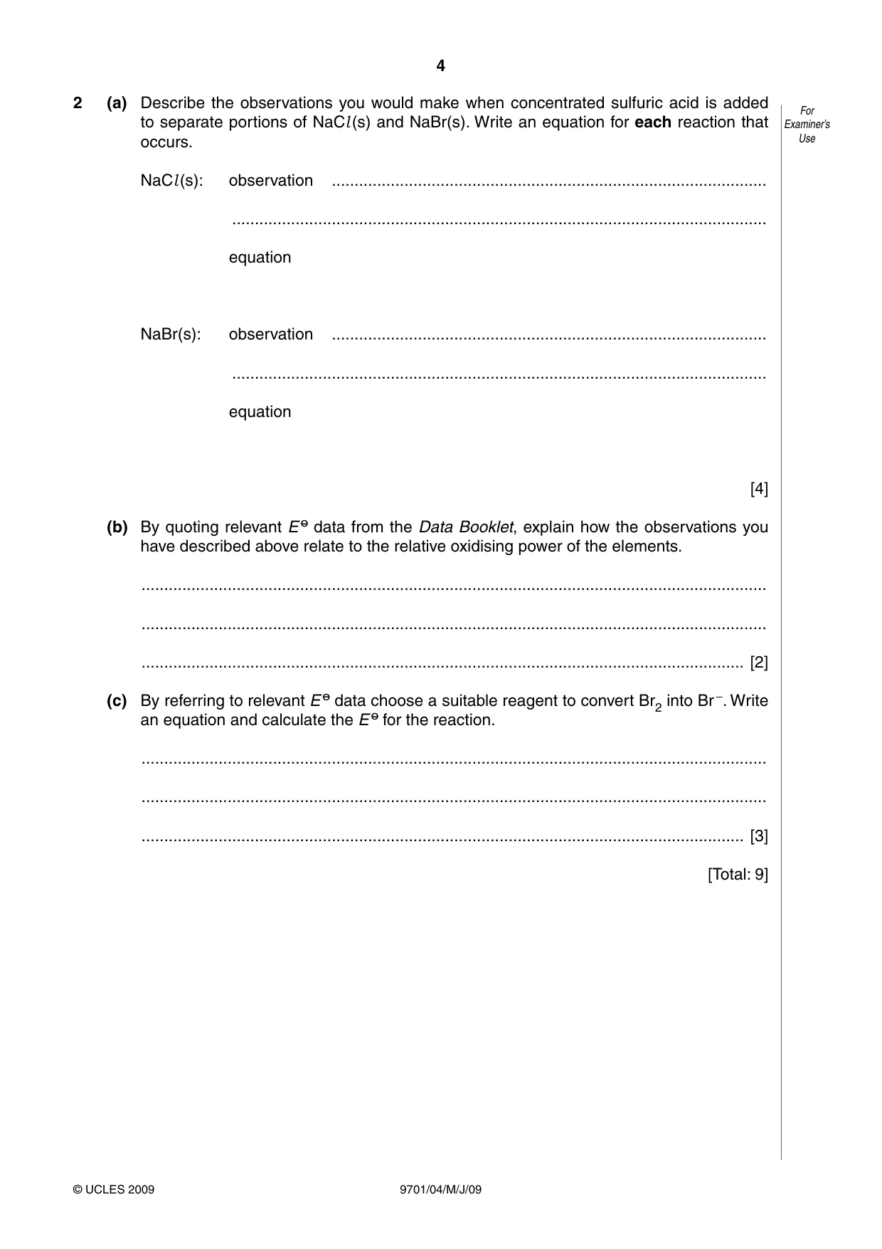 Cambridge A Level Chemistry 9701 2009 May/June Paper 4 · Variant 1 question paper, page 4 of 20