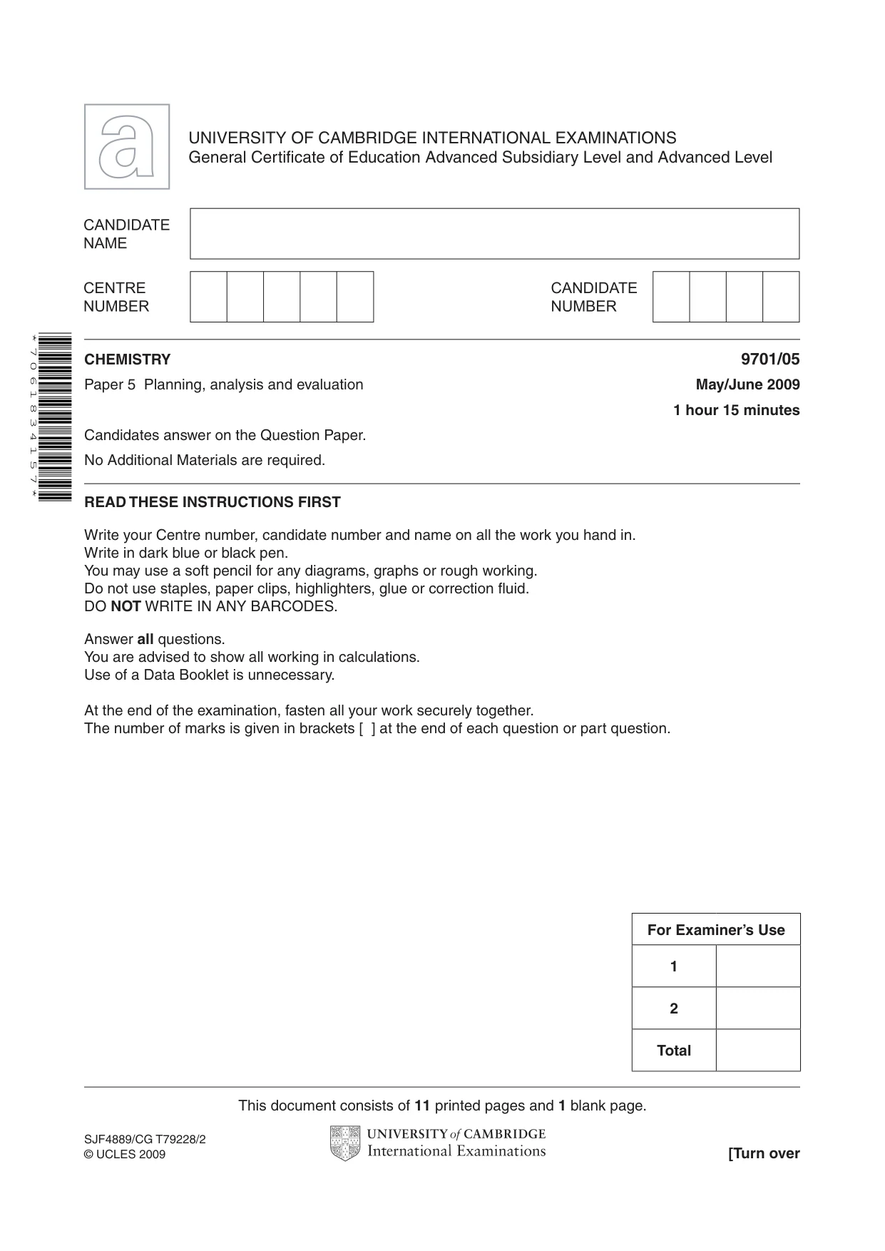 Cambridge A Level Chemistry 9701 2009 May/June Paper 5 · Variant 1 question paper, page 1 of 12