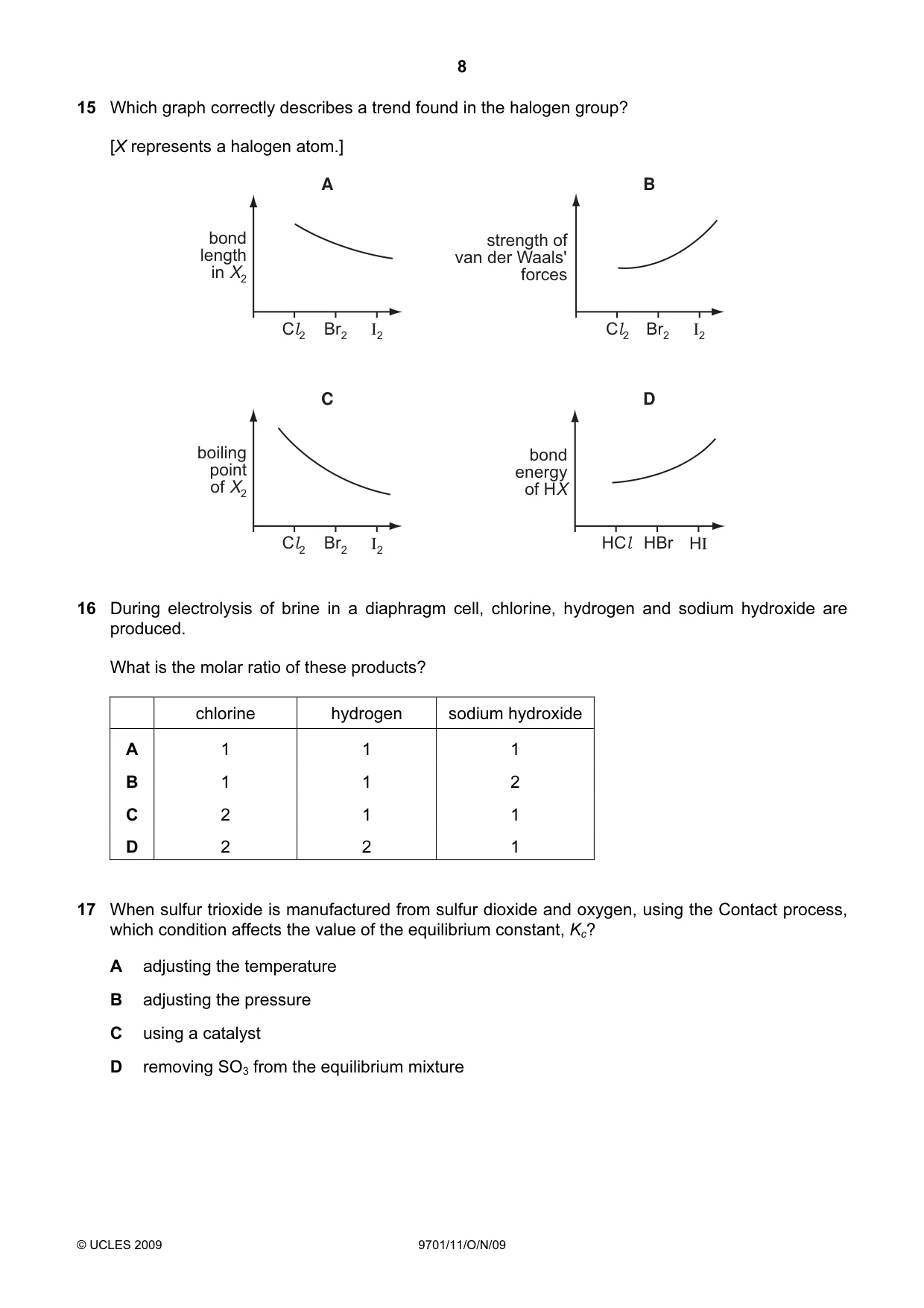 Cambridge A Level Chemistry 9701 2009 Oct/Nov Paper 1 · Variant 1 question paper, page 8 of 16